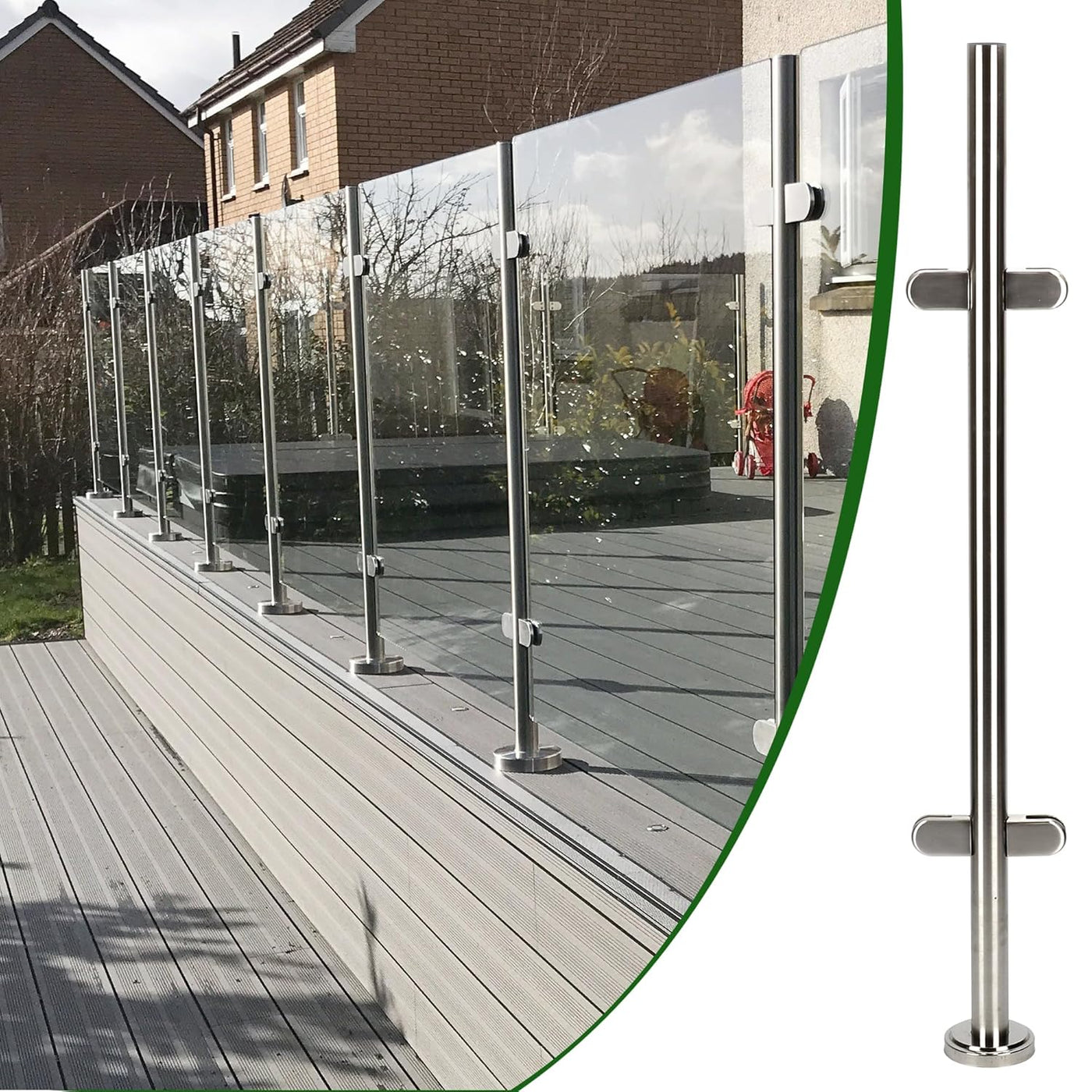 Glass balustrade on a wooden deck with a house in the background