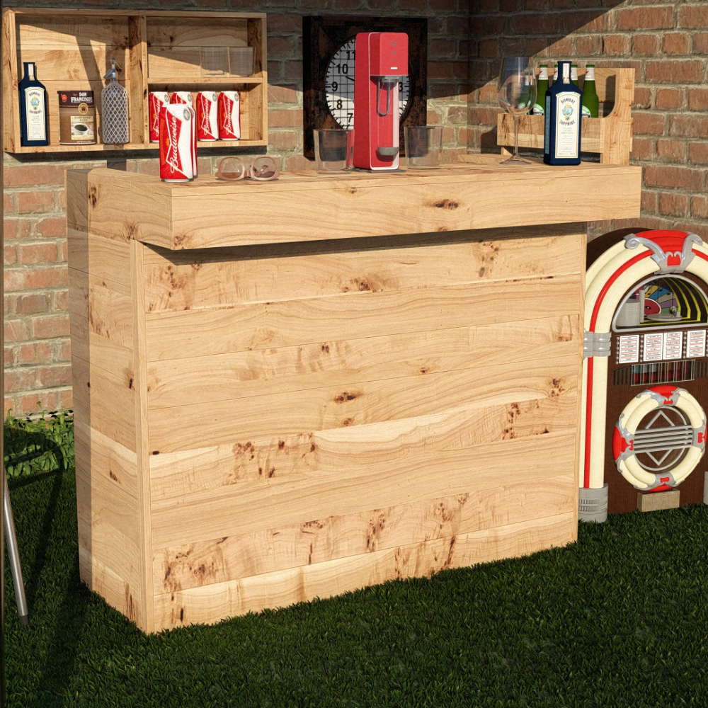 Wooden outdoor bar with drinks and a jukebox against a brick wall.