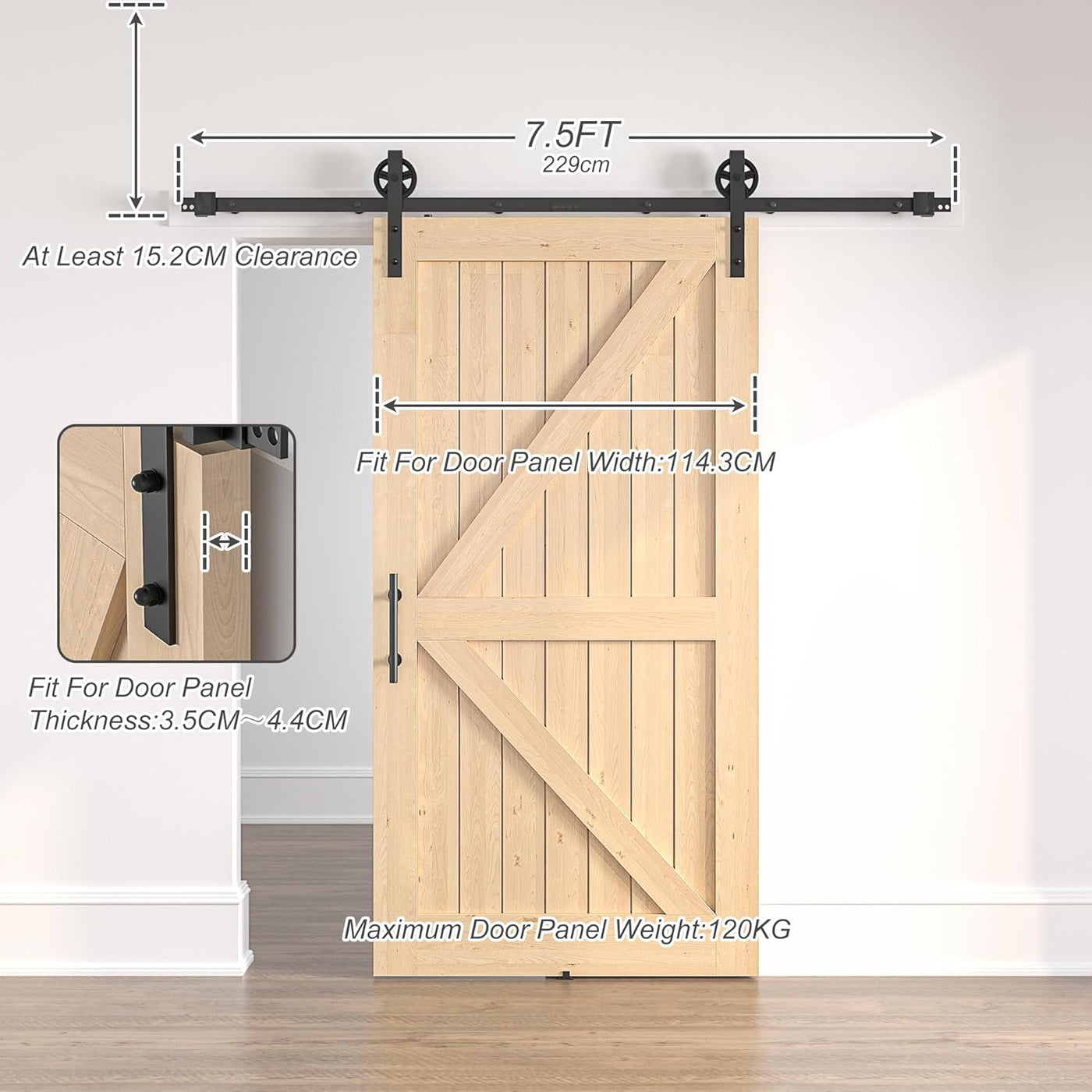 Wooden sliding barn door with hardware and measurements on a white background