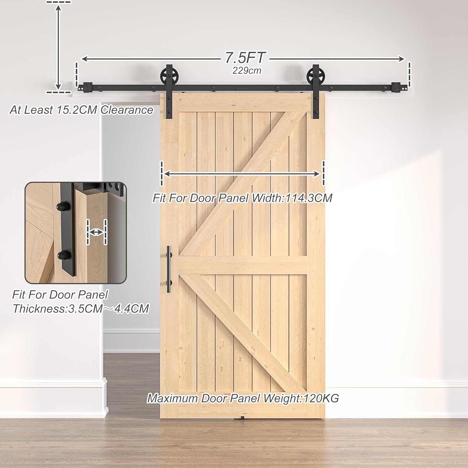 Wooden sliding barn door with hardware and measurements on a white background