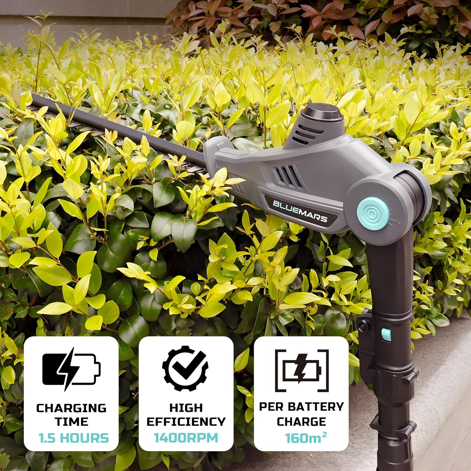 Gardening tool being used on a bush with feature icons and text below.