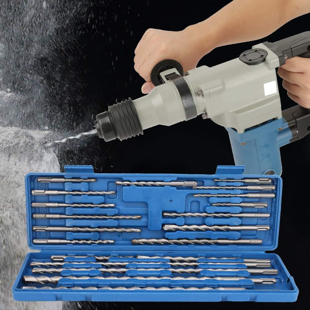 Electric drill with a set of drill bits in a blue case on a black background