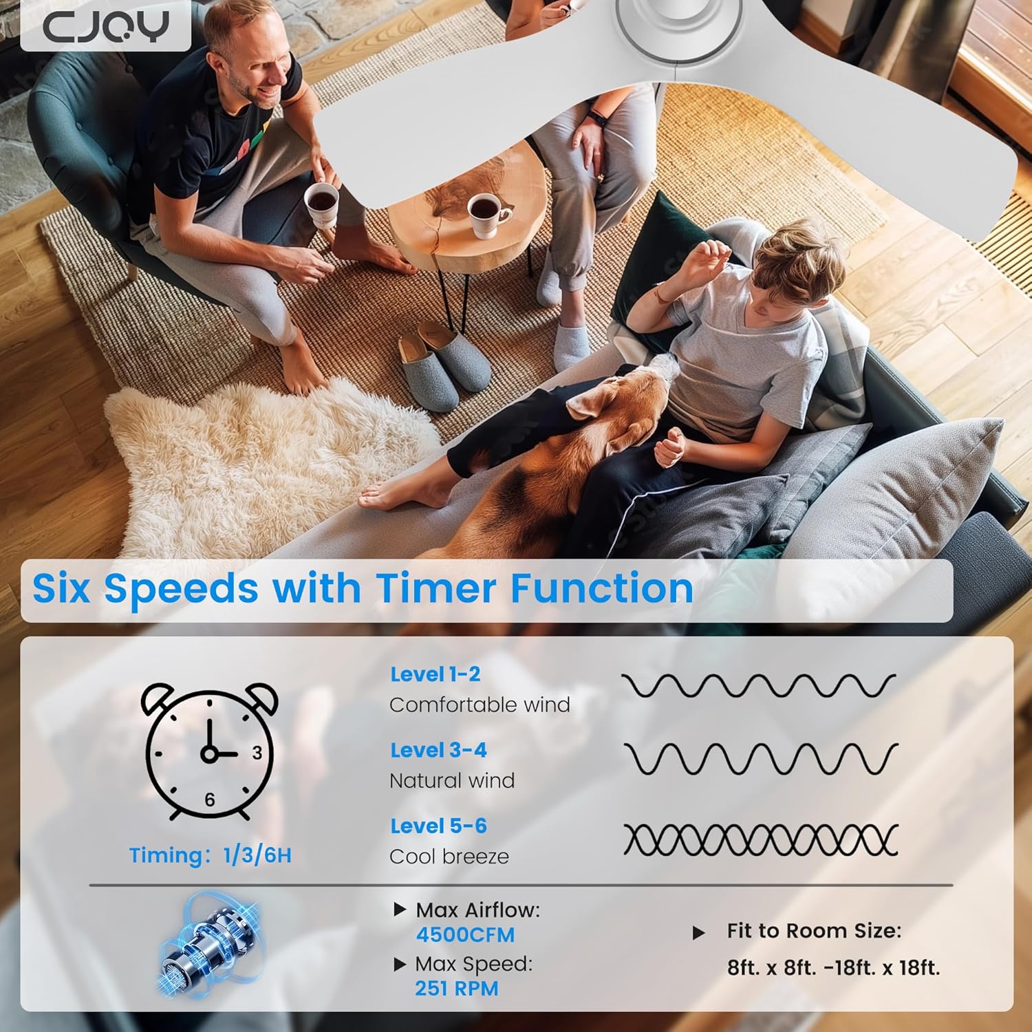 CJOY 42" White Ceiling Fan with Light, Remote, Timer, Quiet DC Motor, 6 Speeds