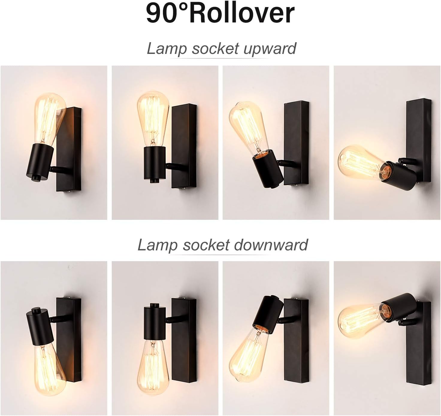 Black wall sconces with light bulbs showing different orientations on a white background.