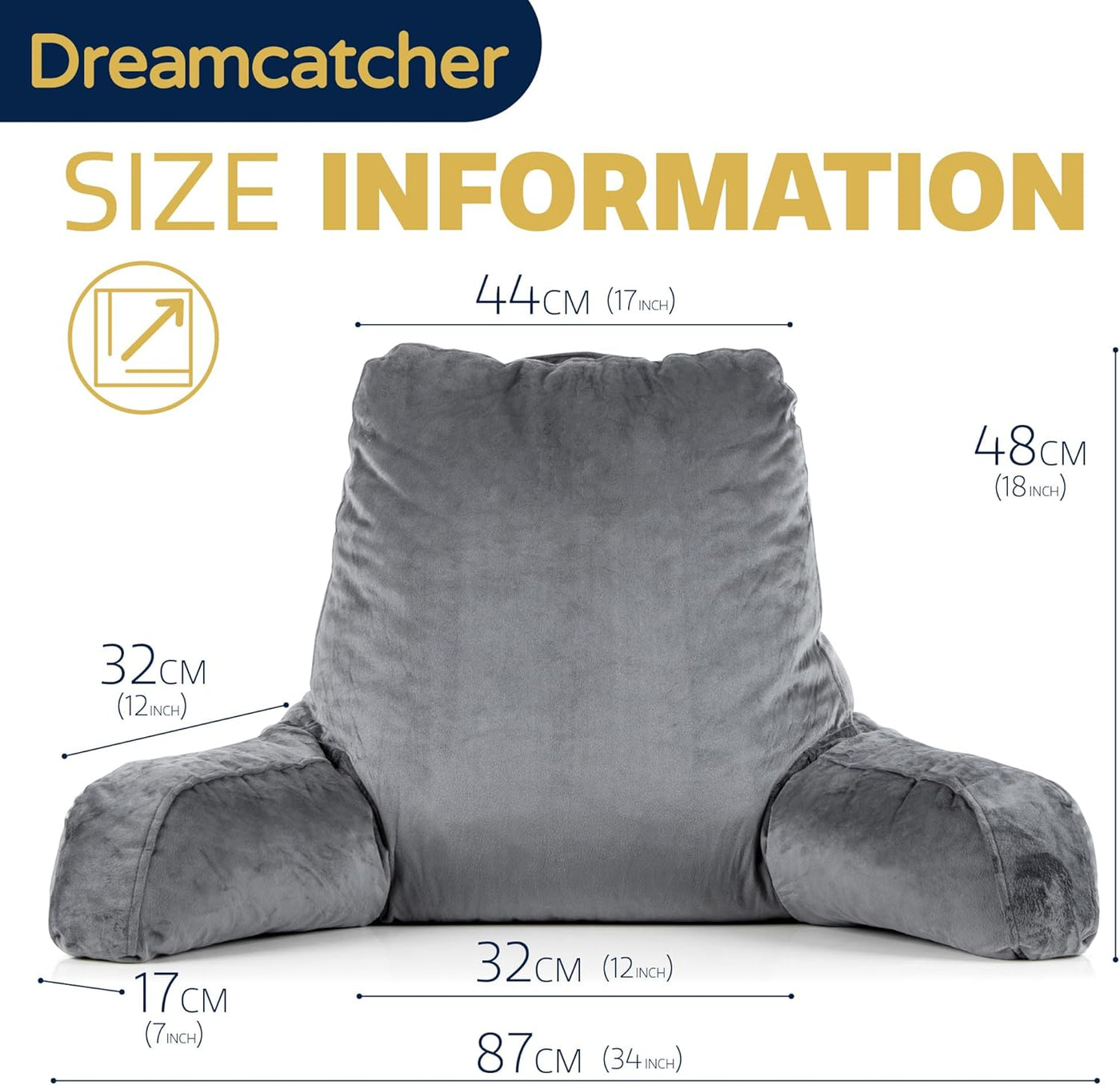 Gray reading pillow with size information on a white background, featuring the Dreamcatcher brand.