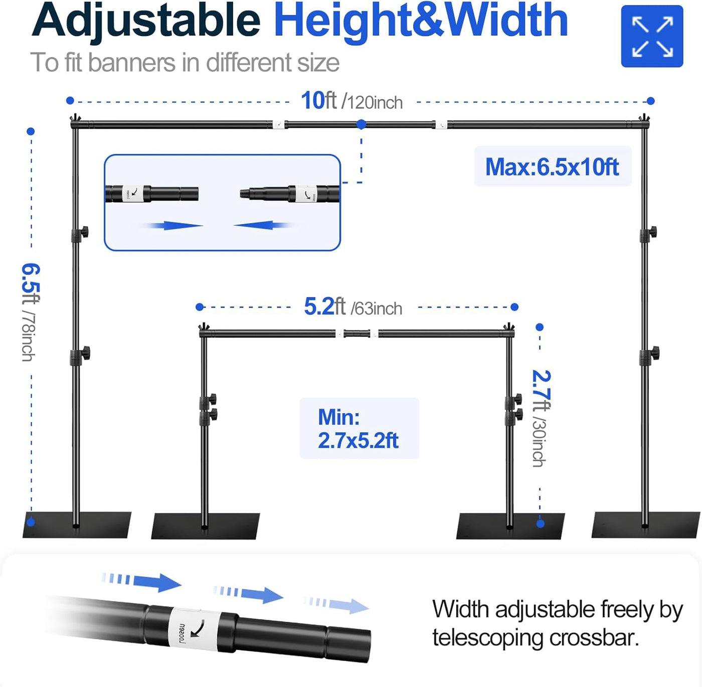 EMART 6.5x10ft Adjustable Heavy Duty Backdrop Stand Kit with Steel Base