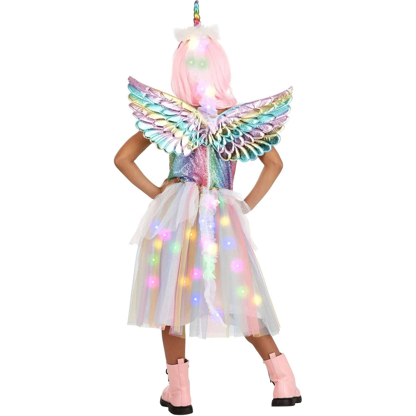 Colorful unicorn costume with LED lights on a white background