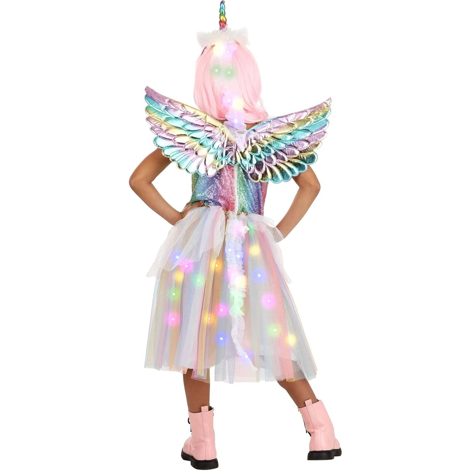 Colorful unicorn costume with LED lights on a white background