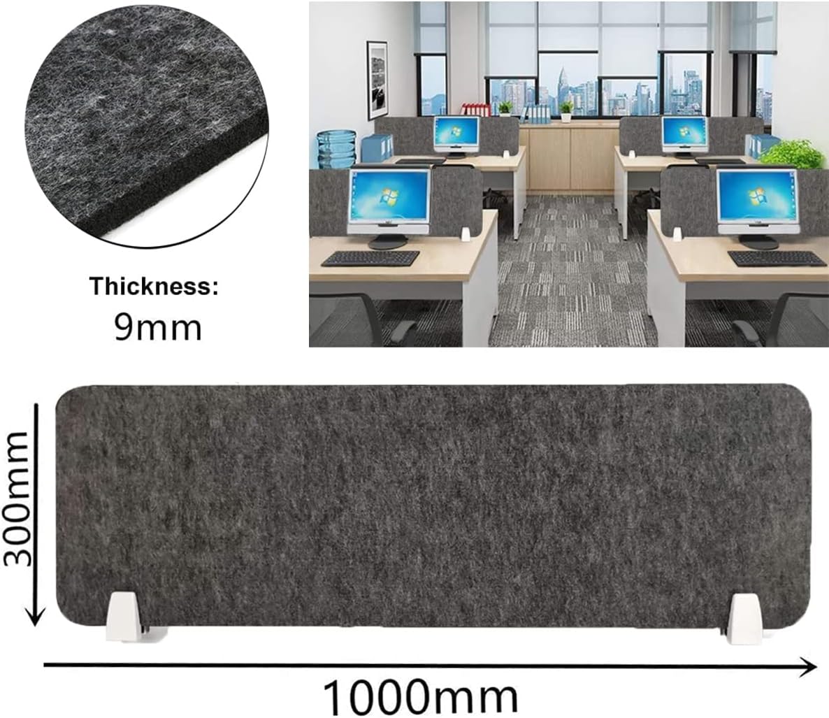 Gray desk divider with measurements in an office setting