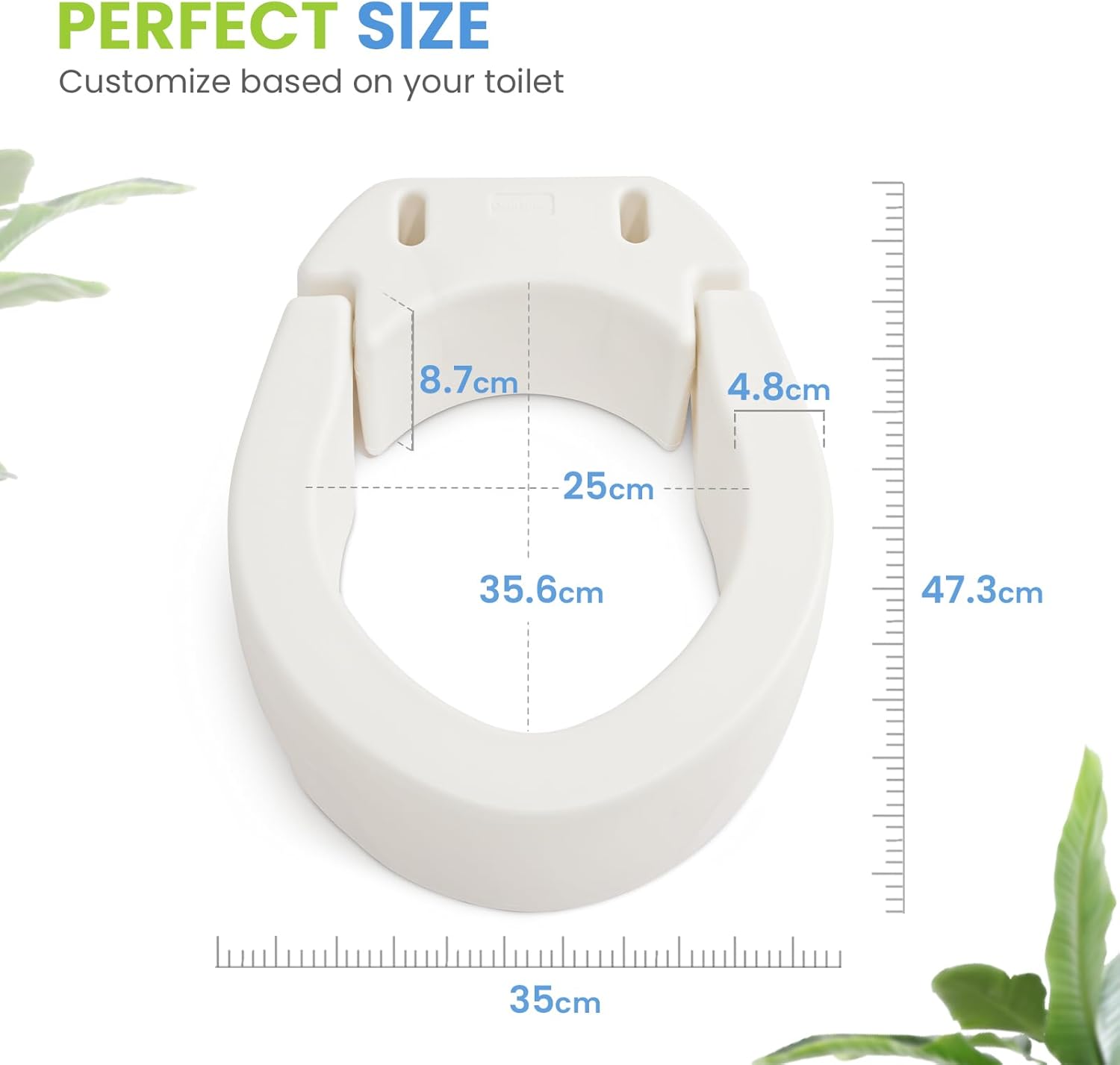 White toilet seat with measurements on a white background