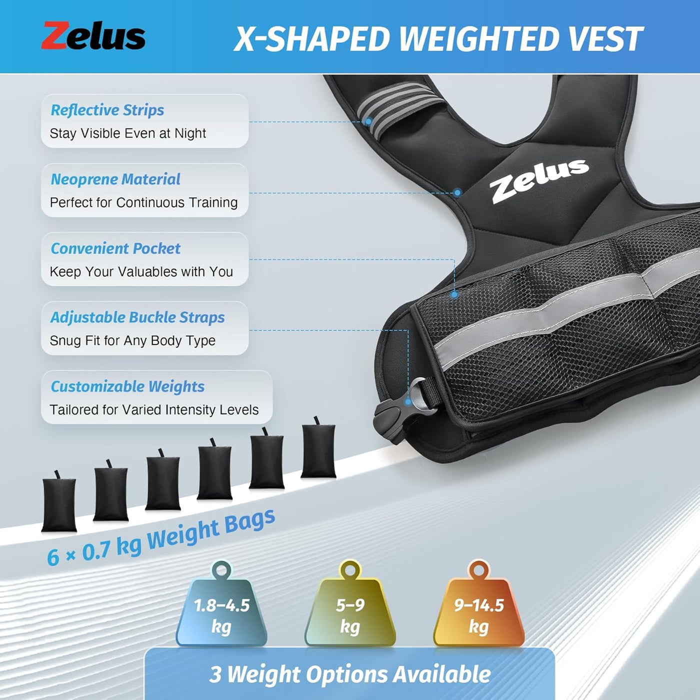 ZELUS Adjustable Weighted Vest 5-9kg/9-14kg for Men & Women Cardio & Strength