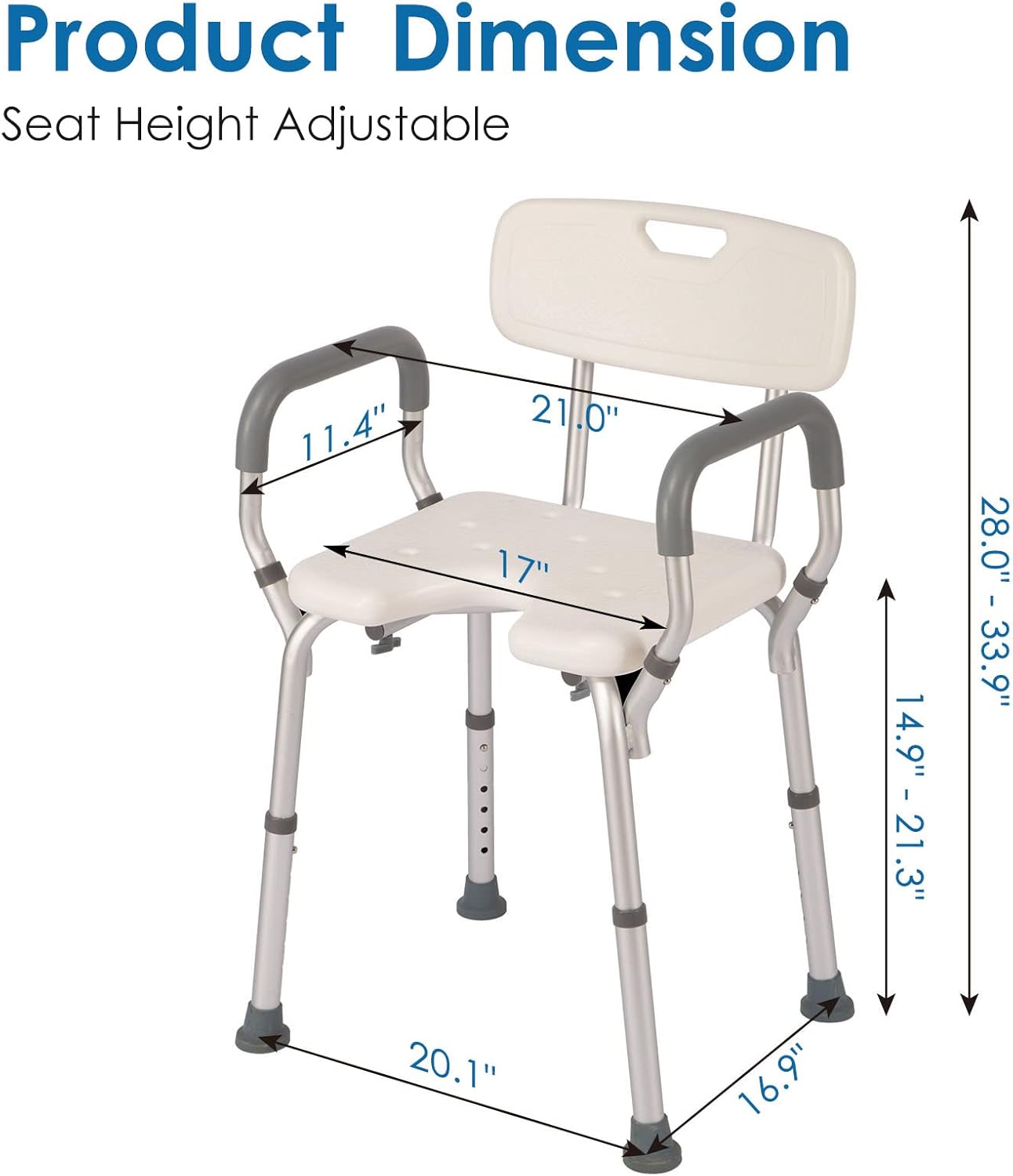 Heavy Duty Shower Chair 330lbs - With Arms, Back, Cutout Seat, Cold-Proof Pads