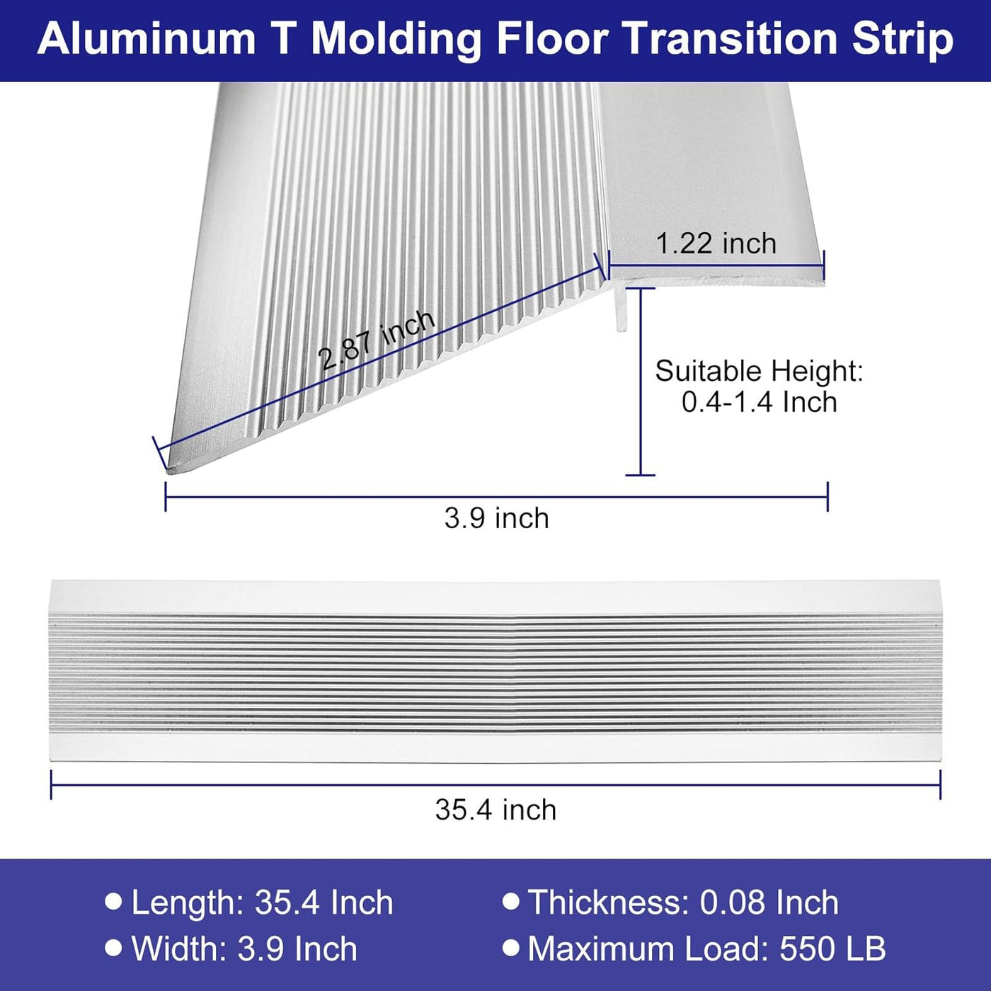 35.4'' Aluminum Floor Transition Strip Carpet to Tile Edge, 0.4-1.4'' Silver