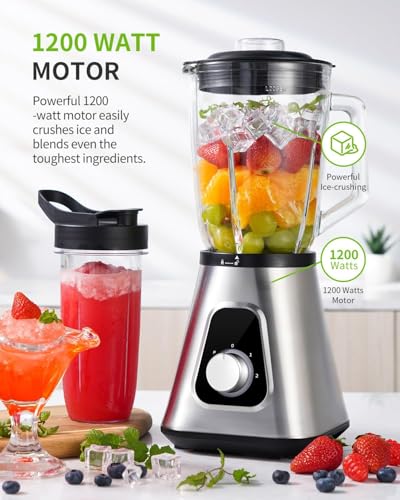 1200W Blender 2in1 Smoothie Maker 1.5L Glass Jug 650ml Travel Cup Silver GDOR
