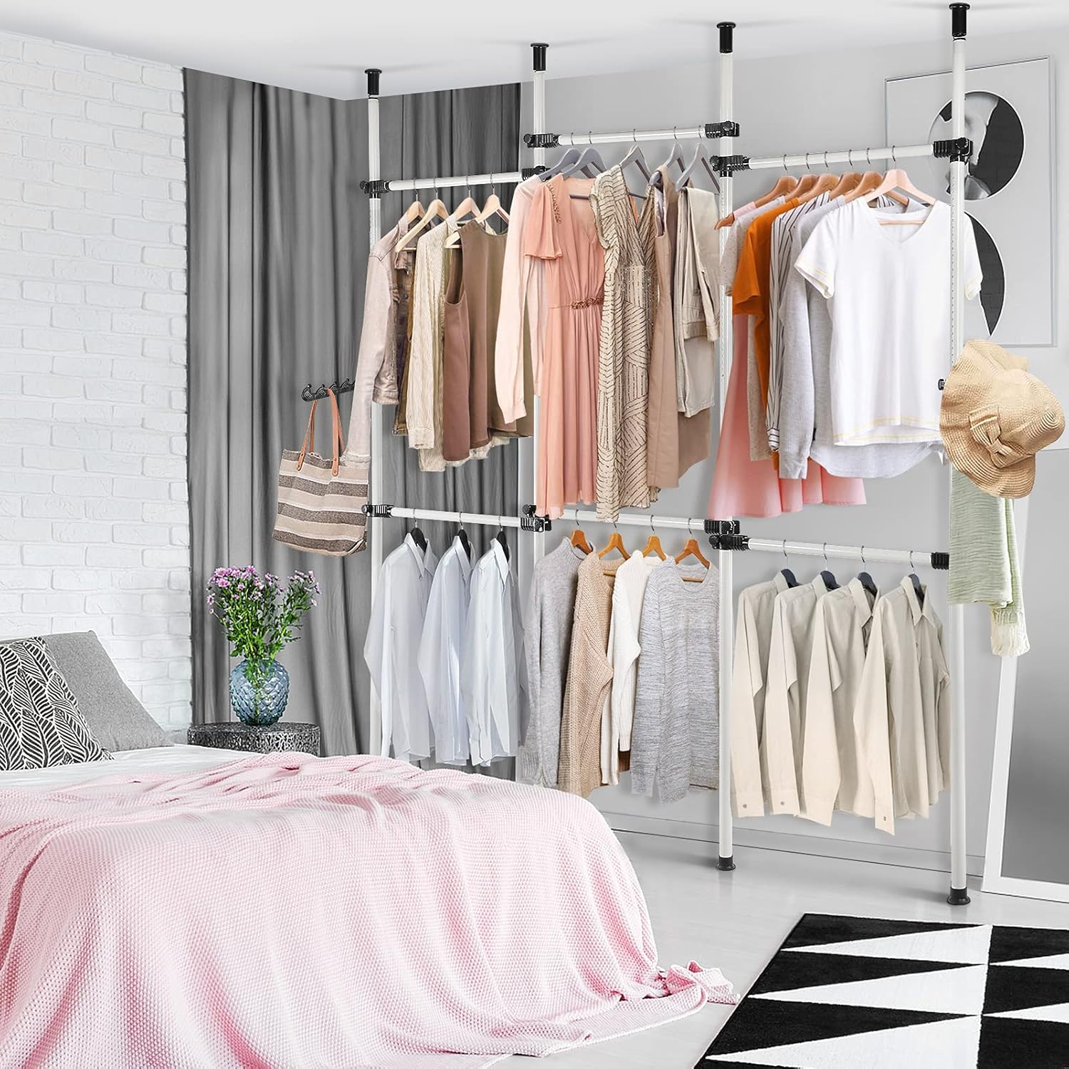 Clothing rack with clothes in a bedroom setting