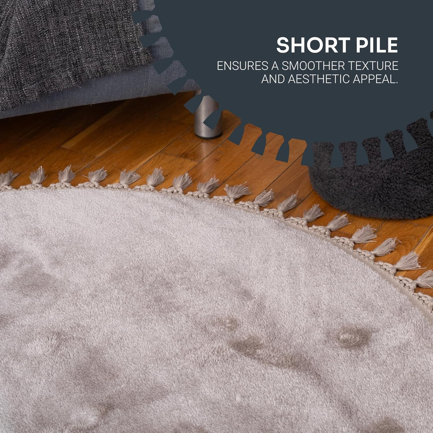 Close-up of a textured rug with short pile, showing a comparison to a longer pile texture.