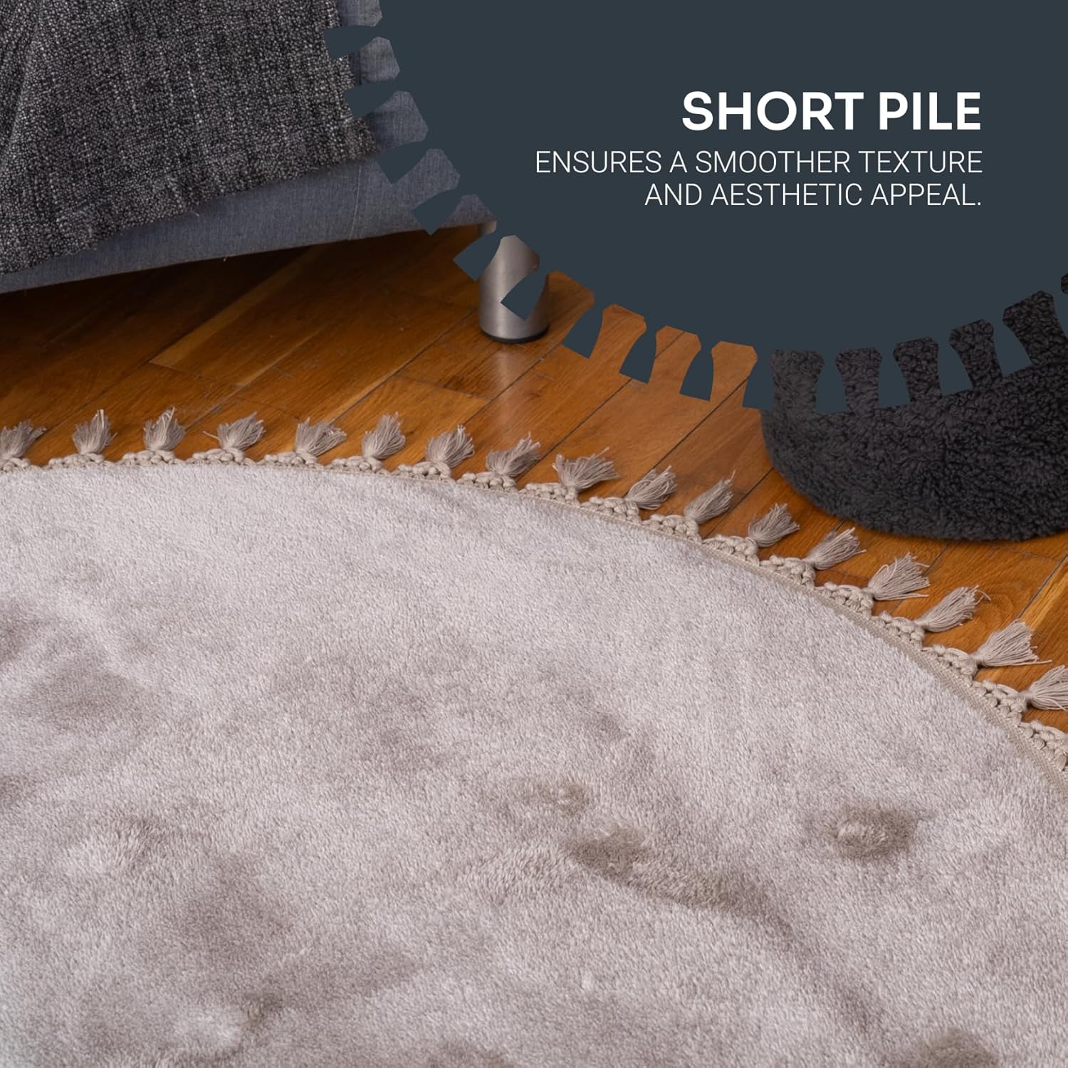 Close-up of a textured rug with short pile, showing a comparison to a longer pile texture.