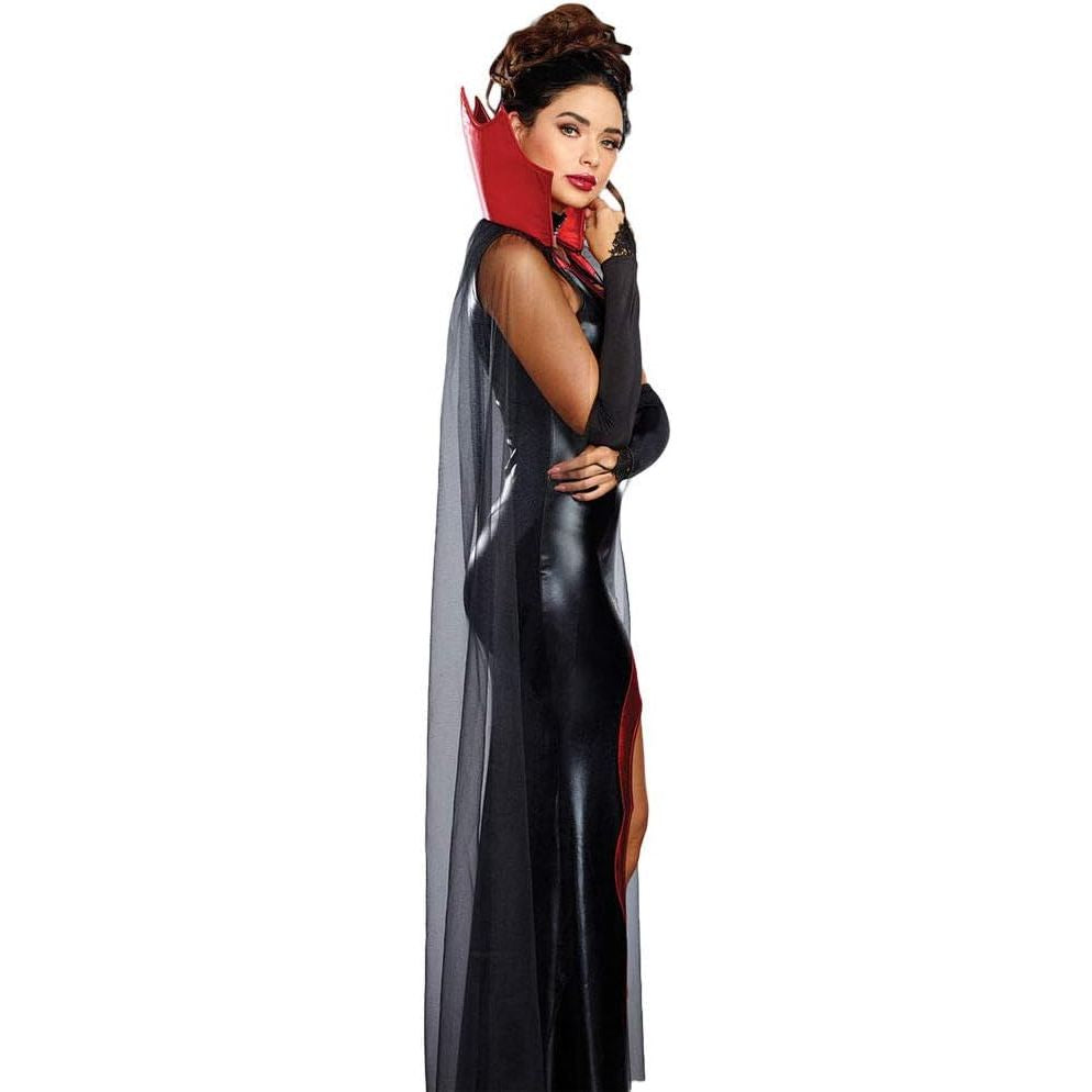 Person wearing a black and red costume with a cape on a white background