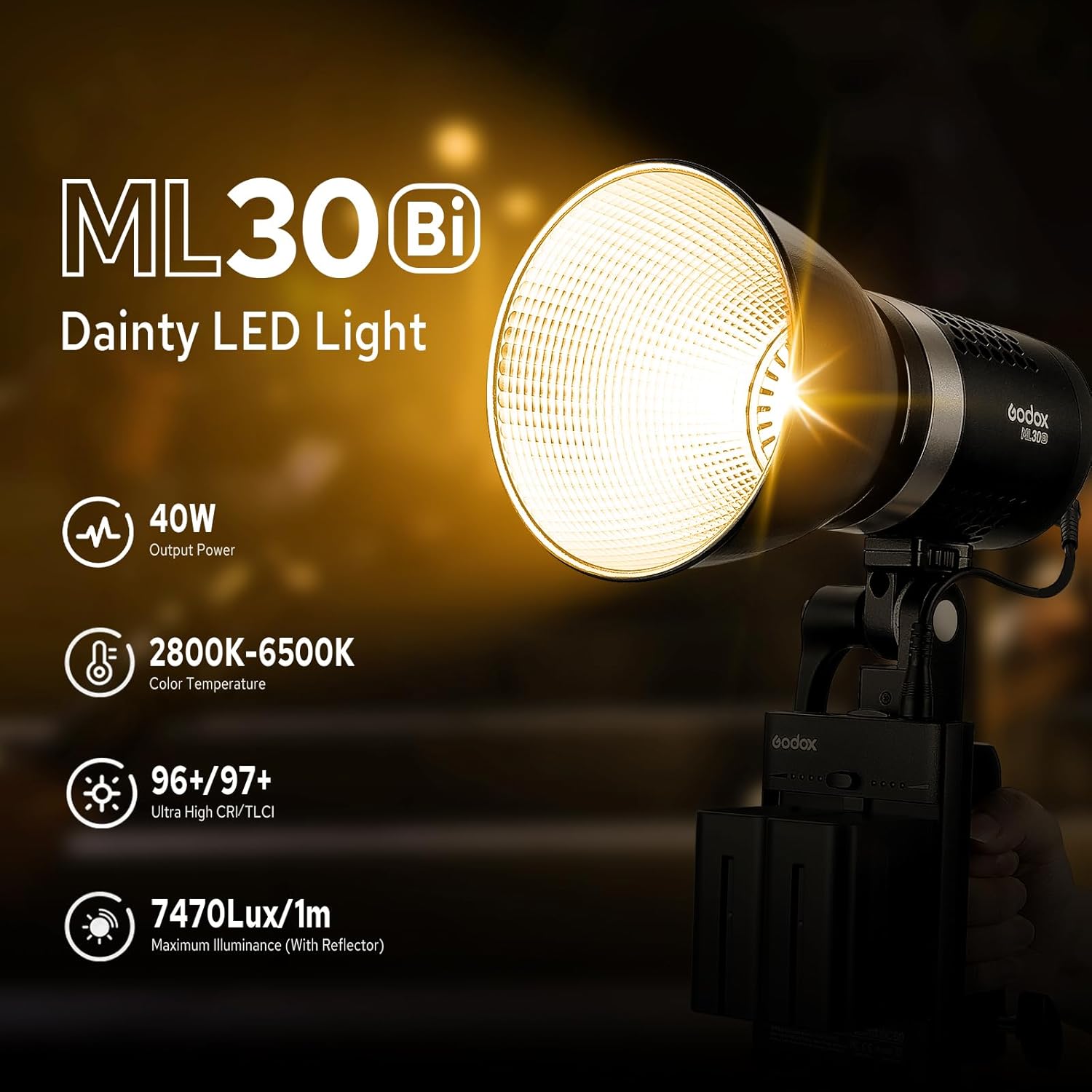 Godox ML30Bi 40W Bi-Color LED Video Light 2800-6500K FX Effects APP & Silent Mode