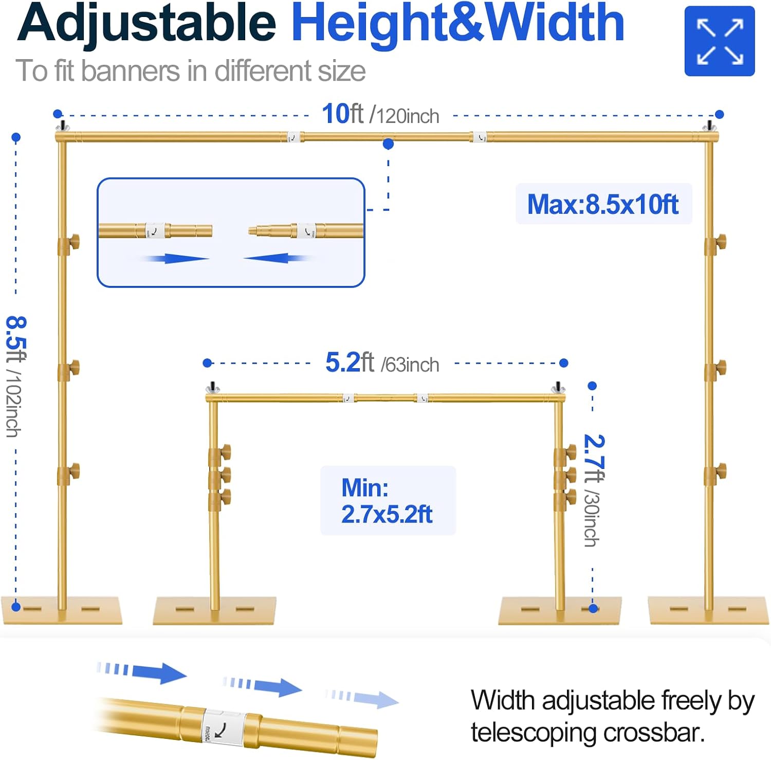 EMART 8.5x10ft Heavy Duty Backdrop Stand Kit, Adjustable Photo Frame - Gold