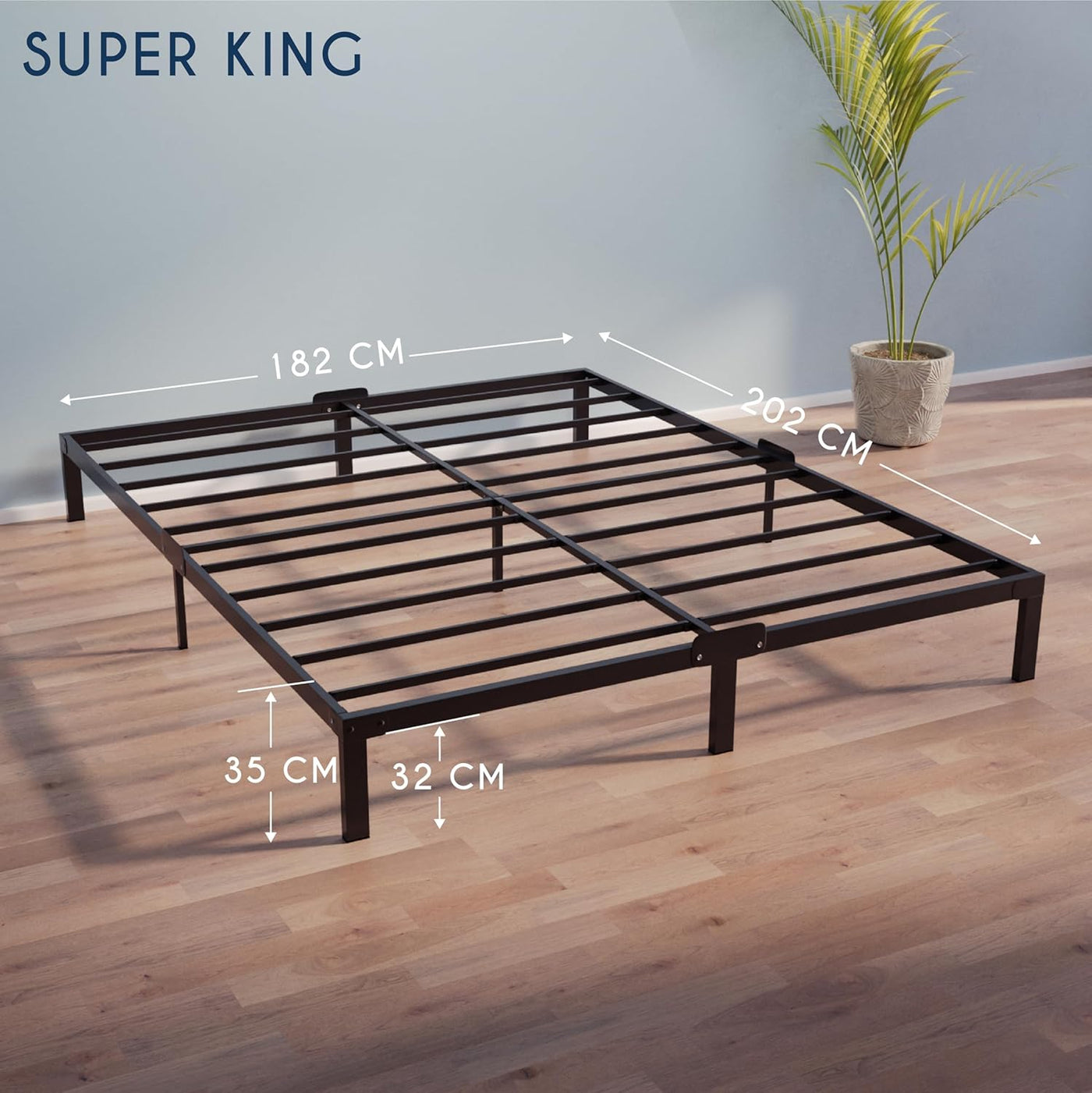 Super King size bed frame with dimensions on a wooden floor.