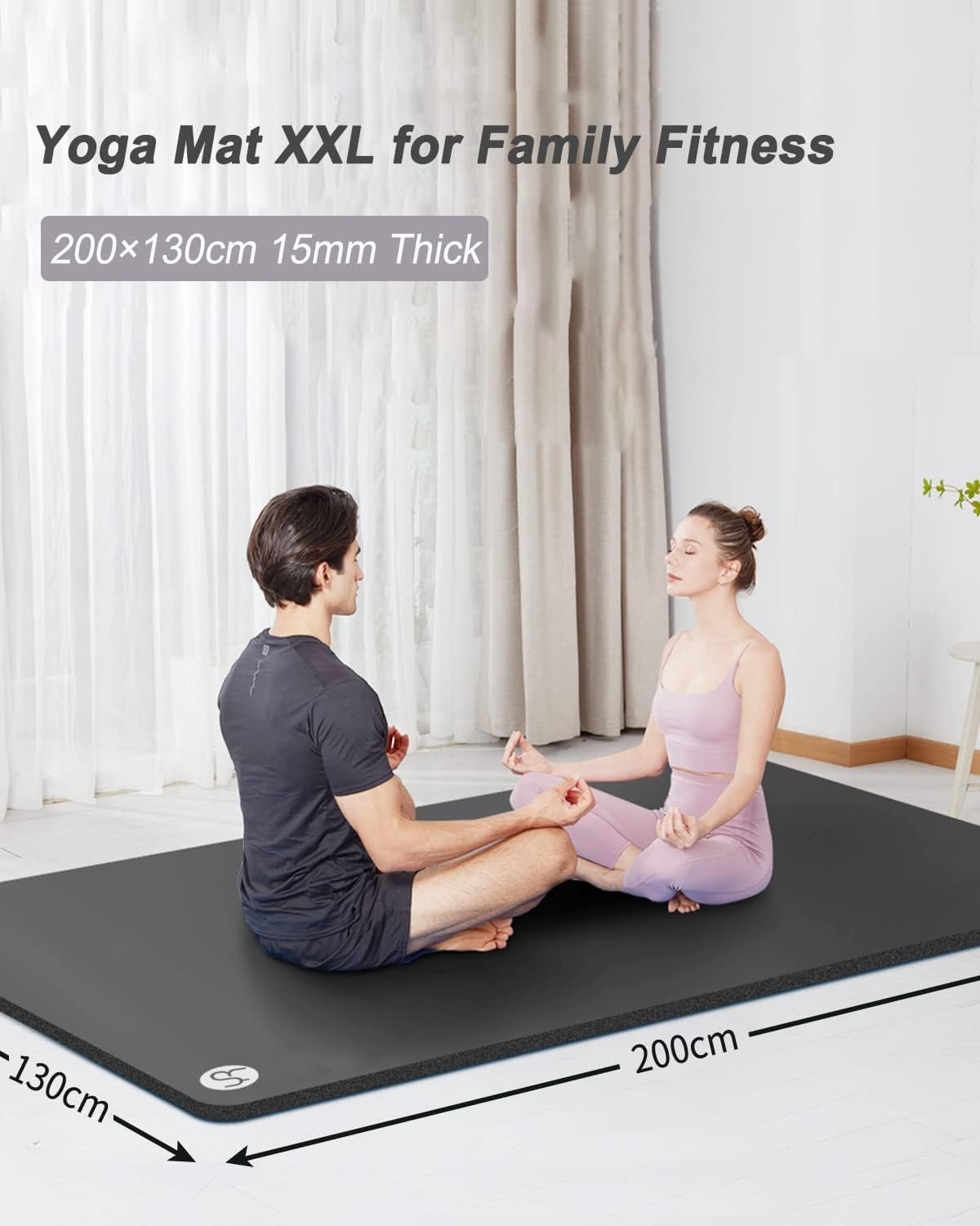 Yoga mat XXL for family fitness with dimensions and thickness displayed.