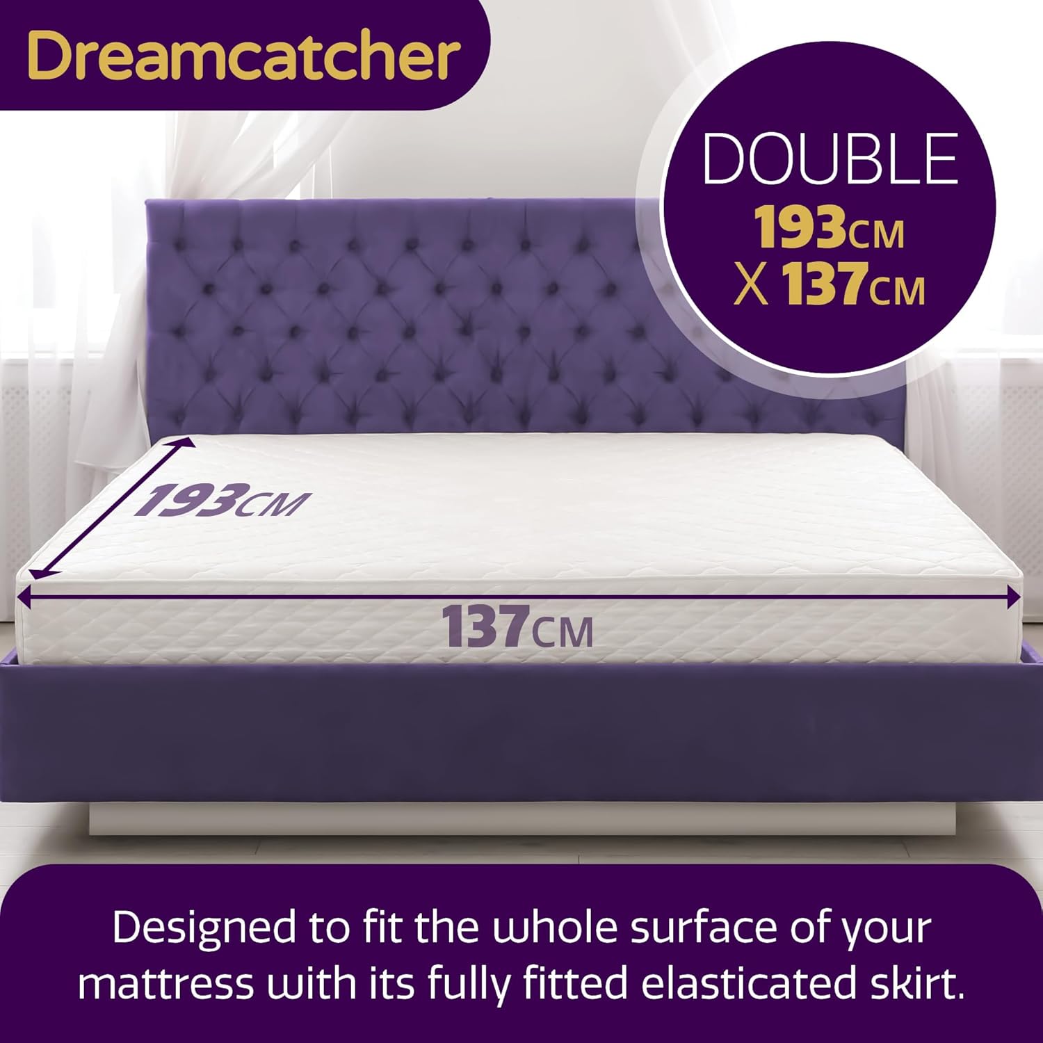 Dreamcatcher mattress with dimensions displayed on a bed