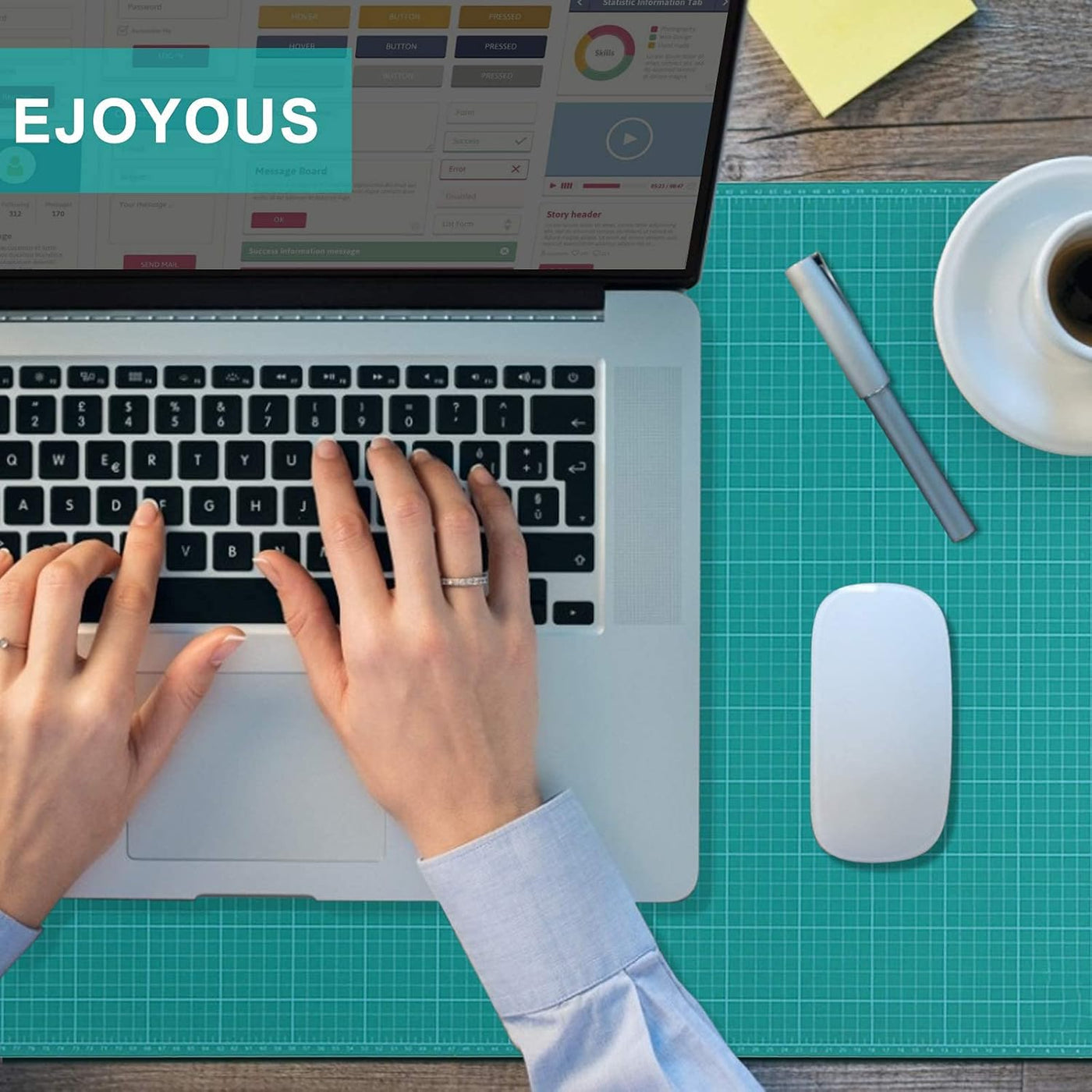 Person typing on a laptop with a 'EJOYOUS' logo, coffee cup, and office supplies on a desk.
