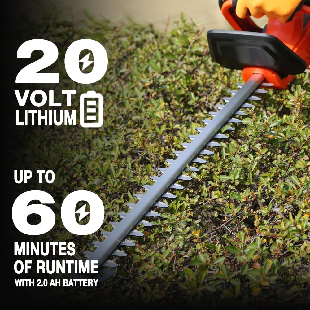 Hedge trimmer being used on a bush with text highlighting its 20-volt lithium-ion battery and runtime.