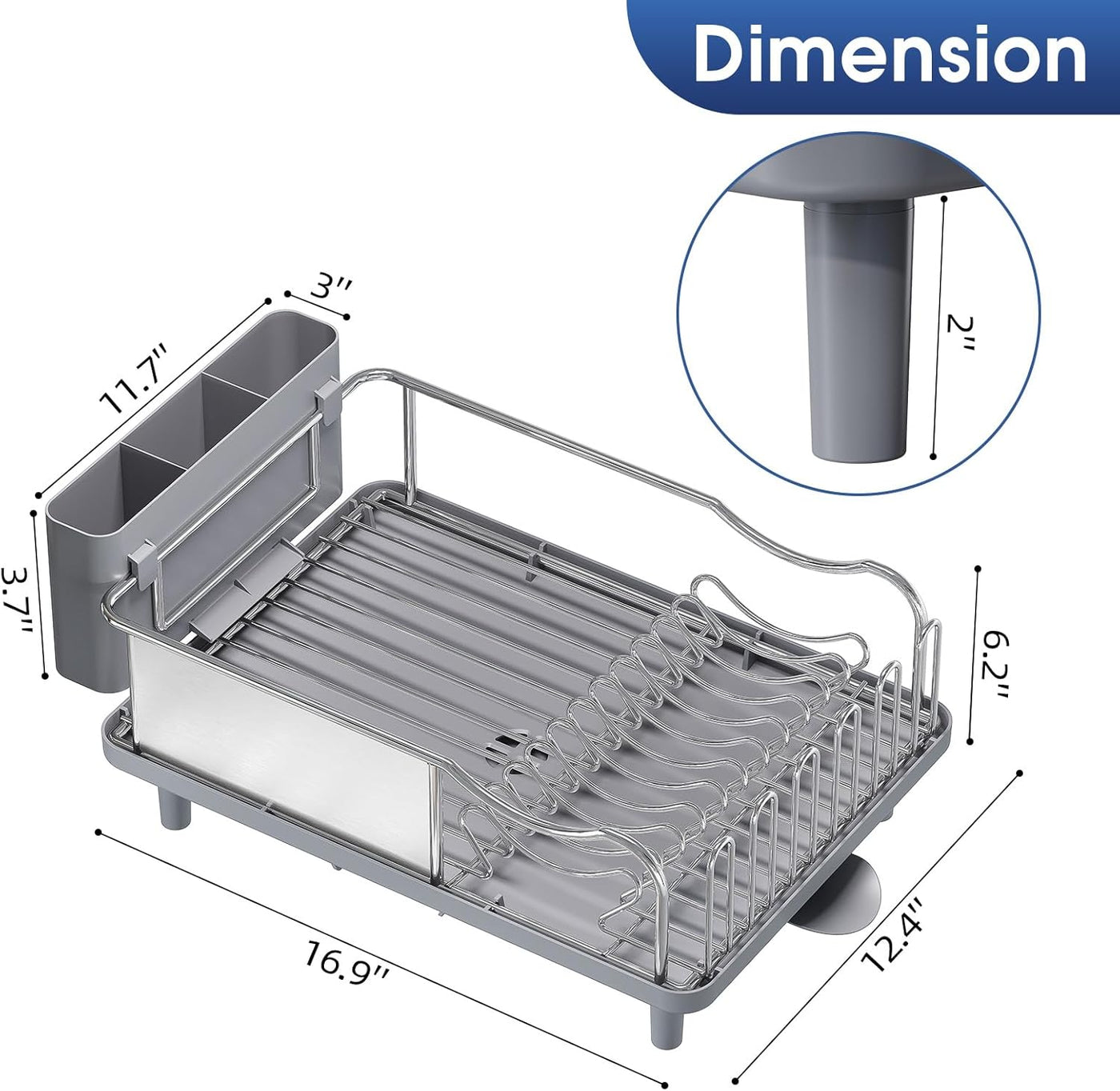 Gray dish rack with dimensions labeled on a white background