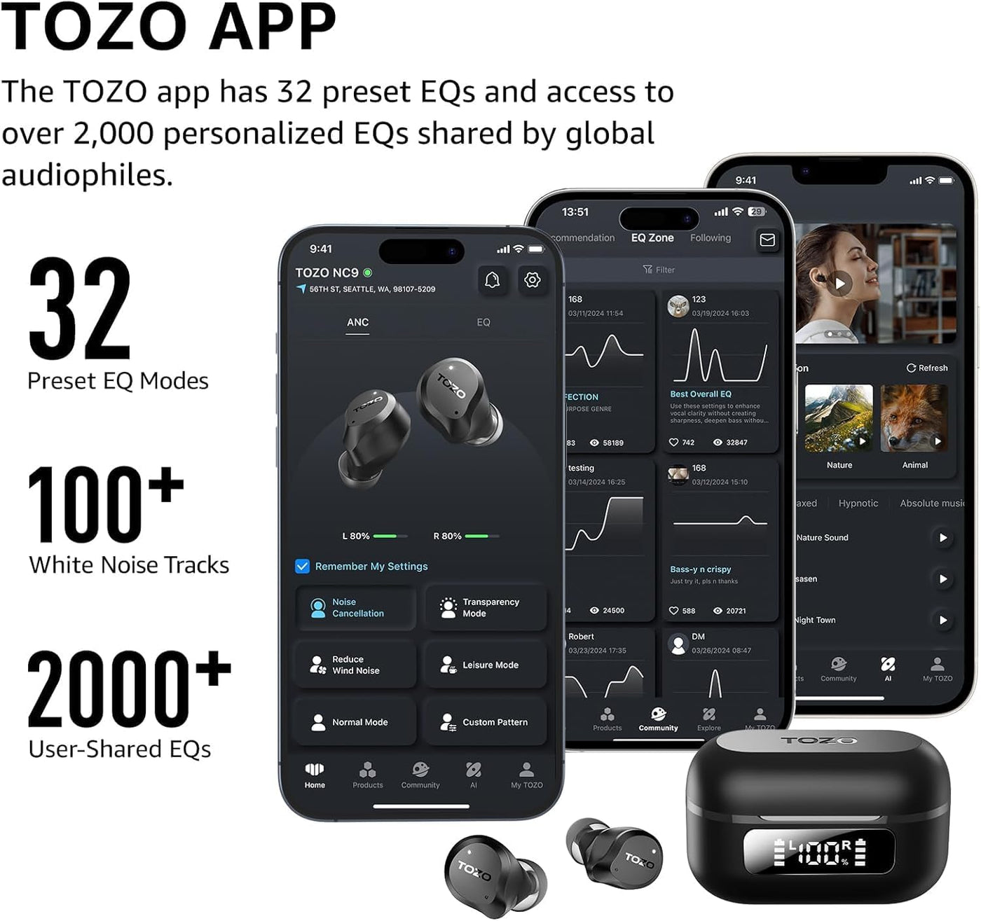 TOZO app interface with smartphone screens displaying features, TOZO earbuds, and a clock device on a white background.