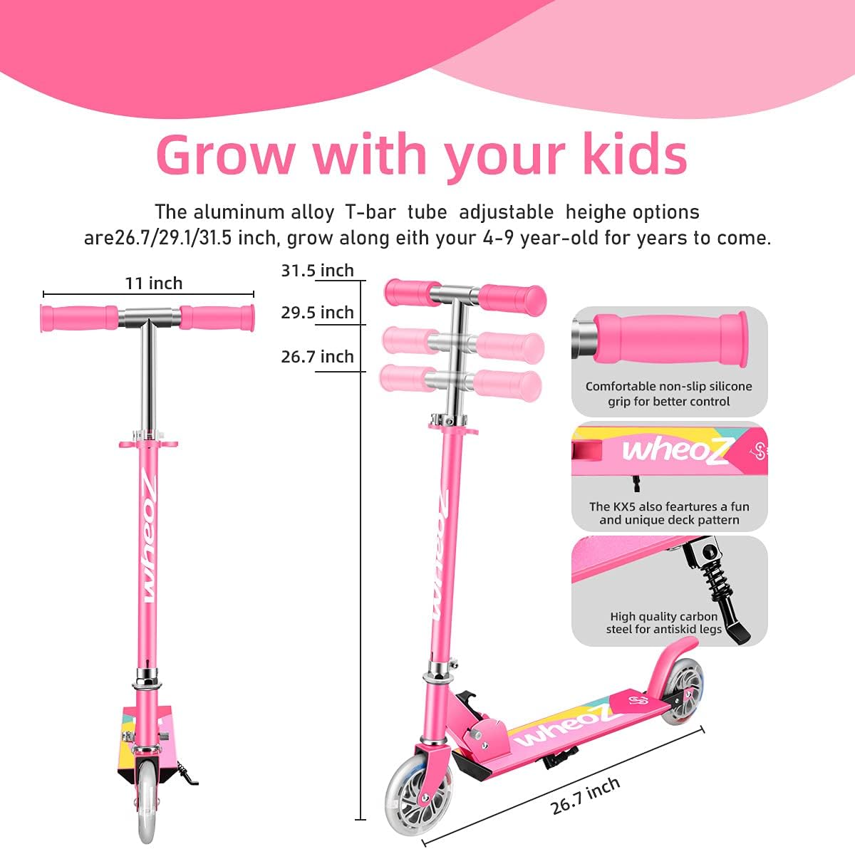 WheoZ Folding Kick Scooter for Kids 3+, 2 Wheels, LED Lights, Adjustable