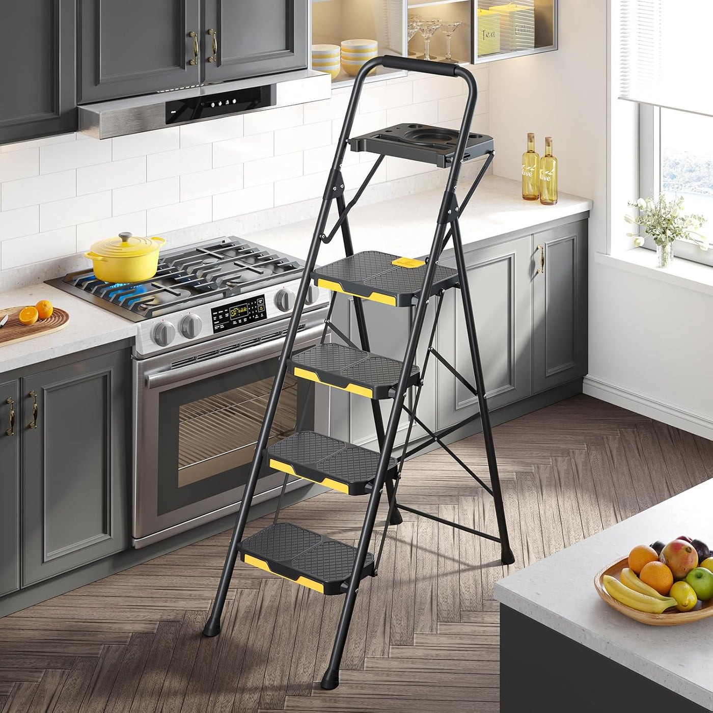 KINGRACK 4-Step Ladder with Tool Tray and Handrails, Lightweight, for Home Use