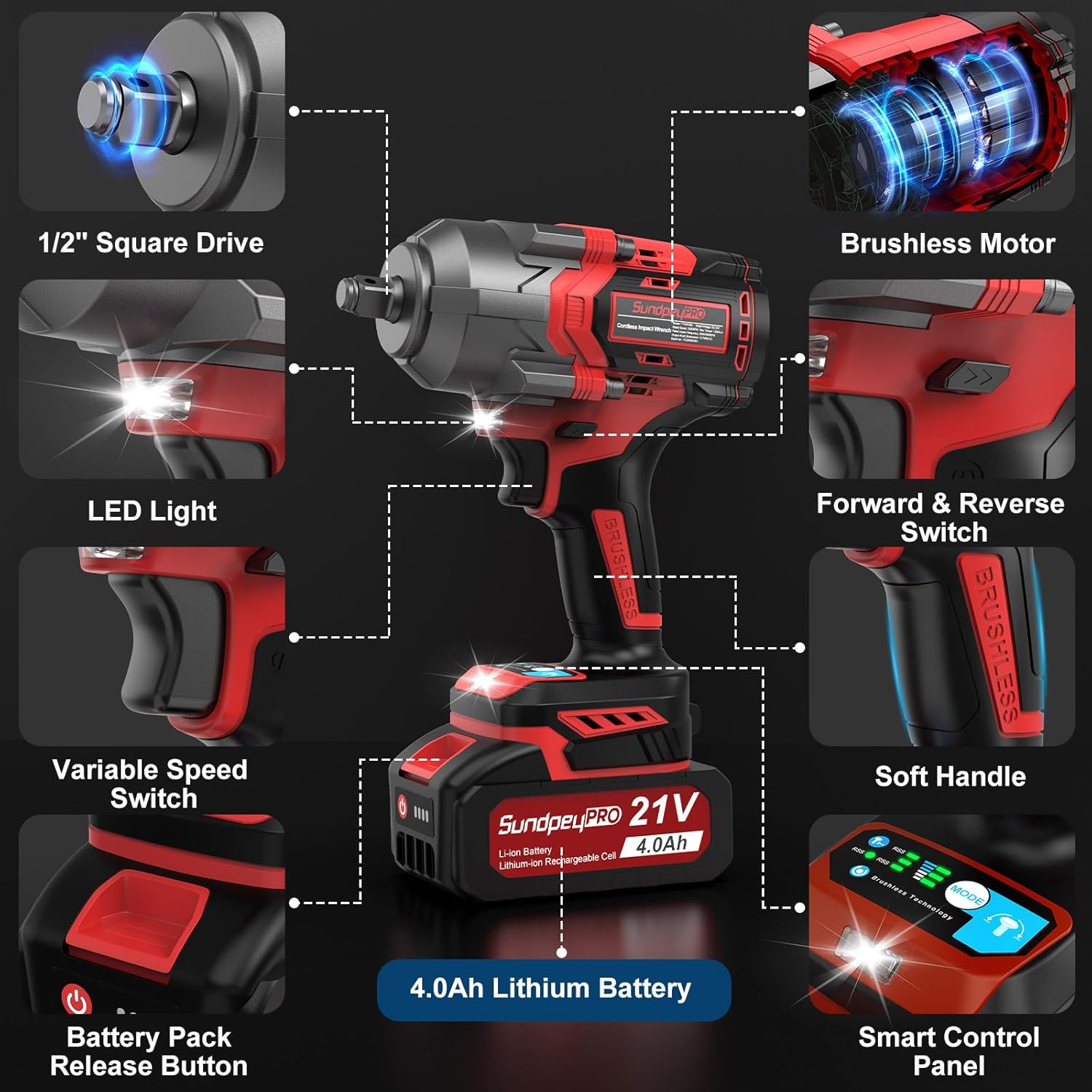 SundpeyPRO 21V Cordless Impact Wrench 1200N·m High Torque 2 Batteries 5 Sockets