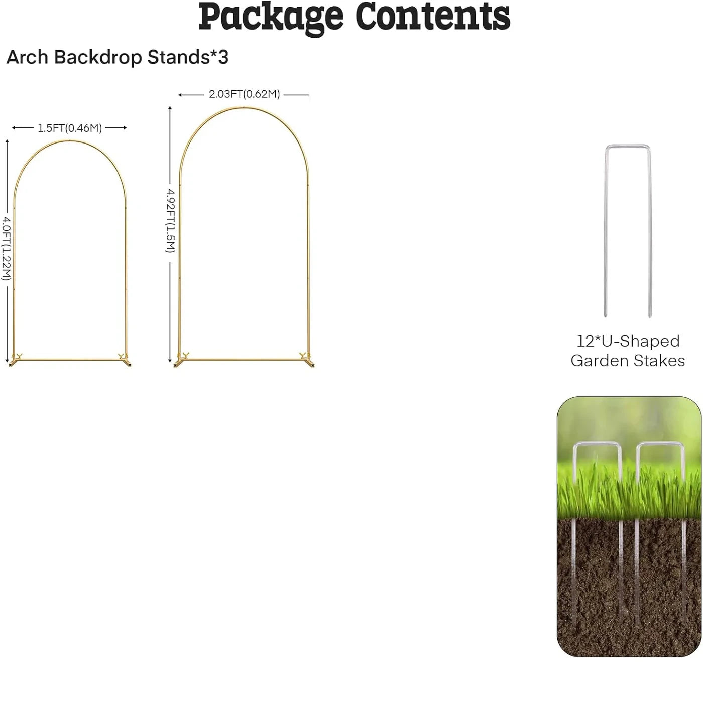 Package contents list with arch backdrop stands and U-shaped garden stakes on a white background.