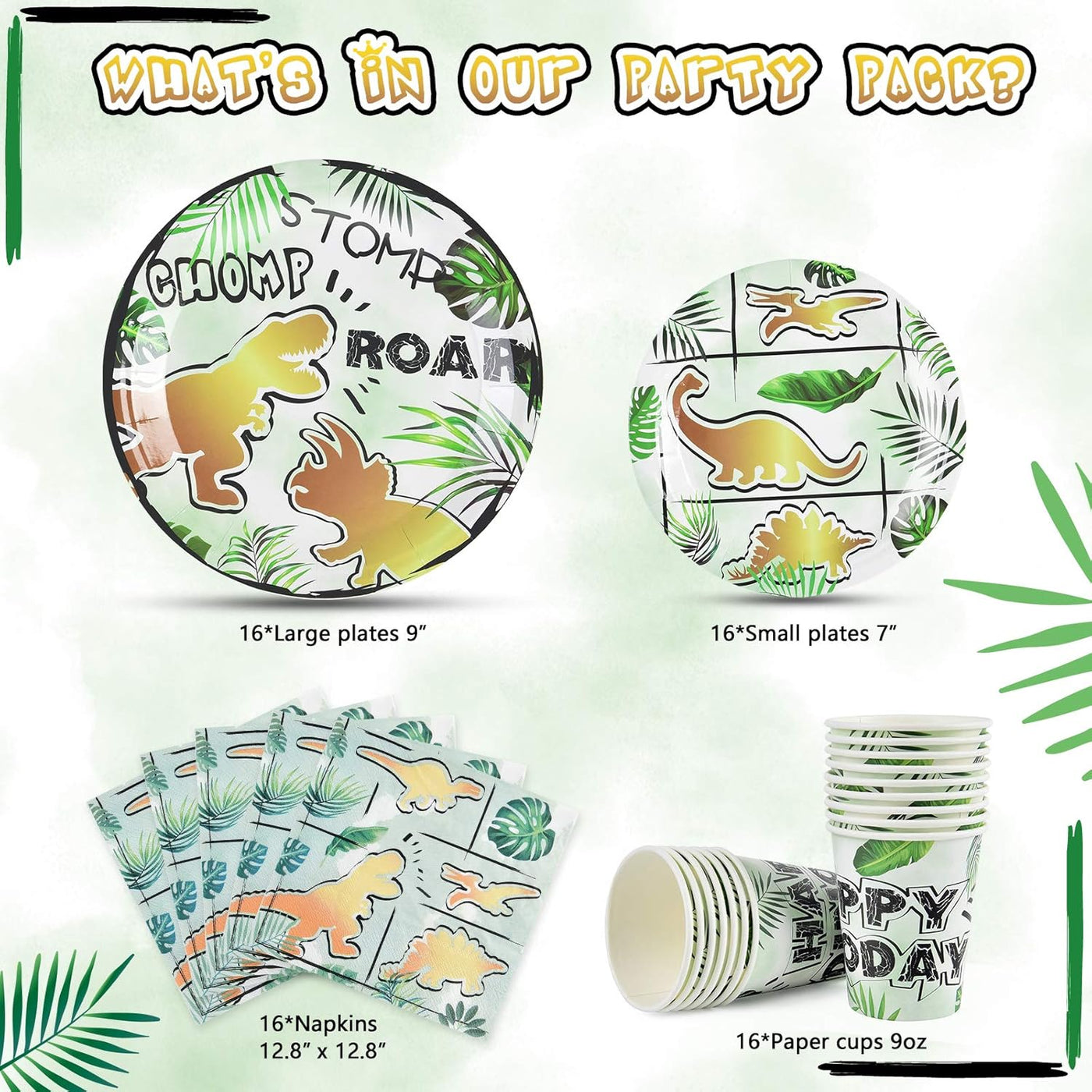 Dinosaur-themed party supplies including plates, cups, and napkins on a white background.