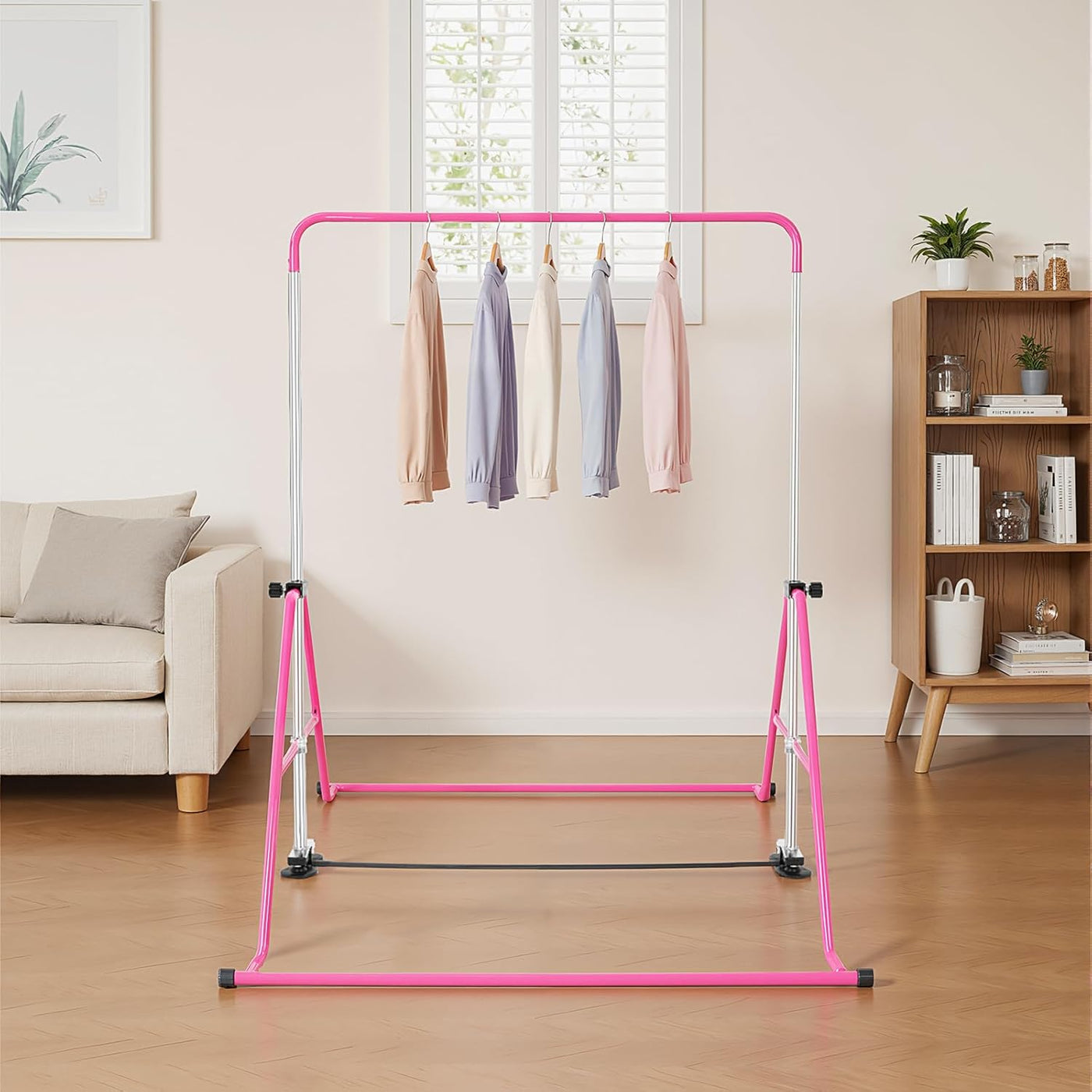 Kids Gymnastics Horizontal Bar Adjustable Foldable With Rings Indoor Outdoor