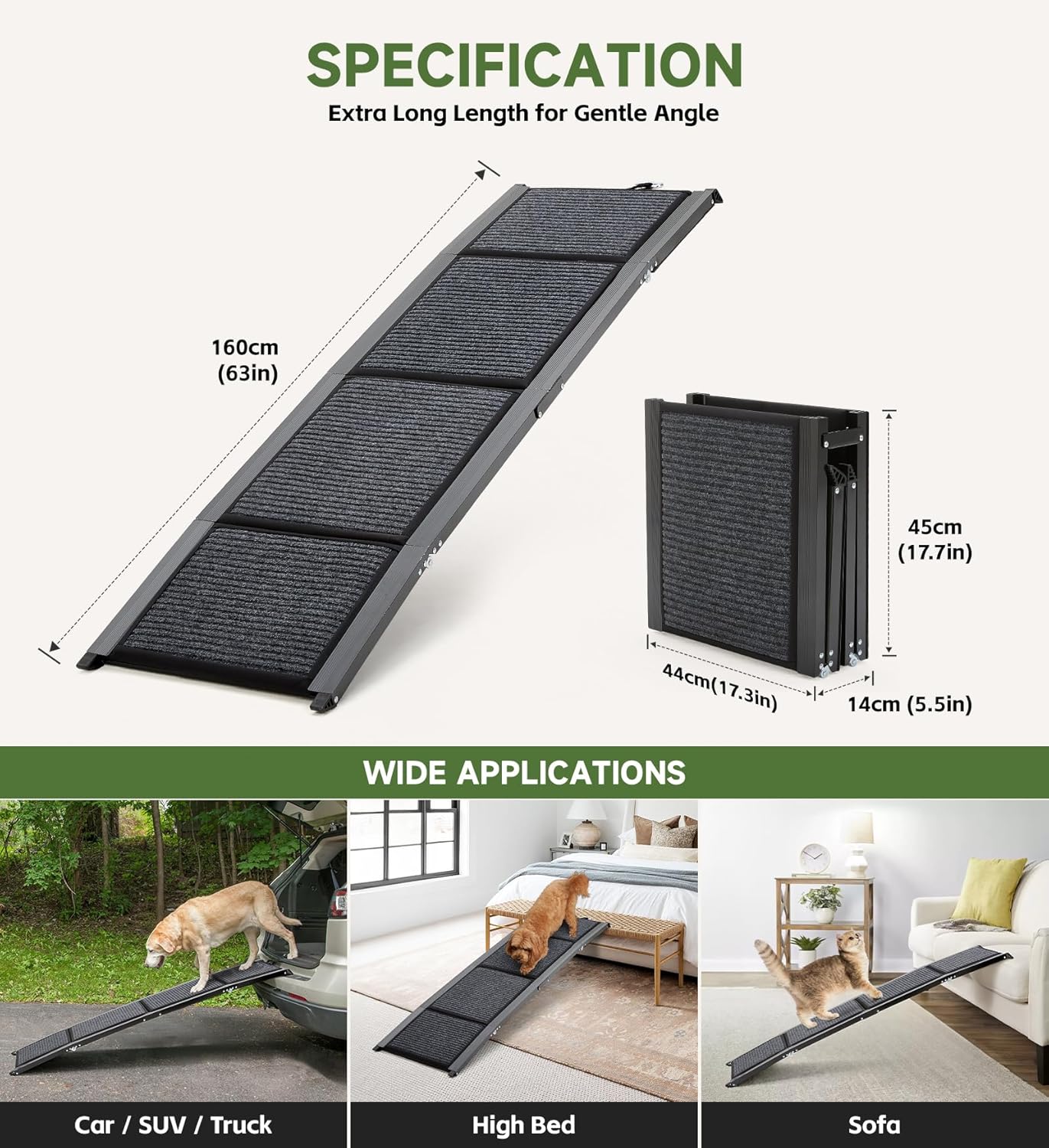 160cm Folding Dog Ramp for Car SUV Truck, Non-Slip Surface, Up to 230lbs