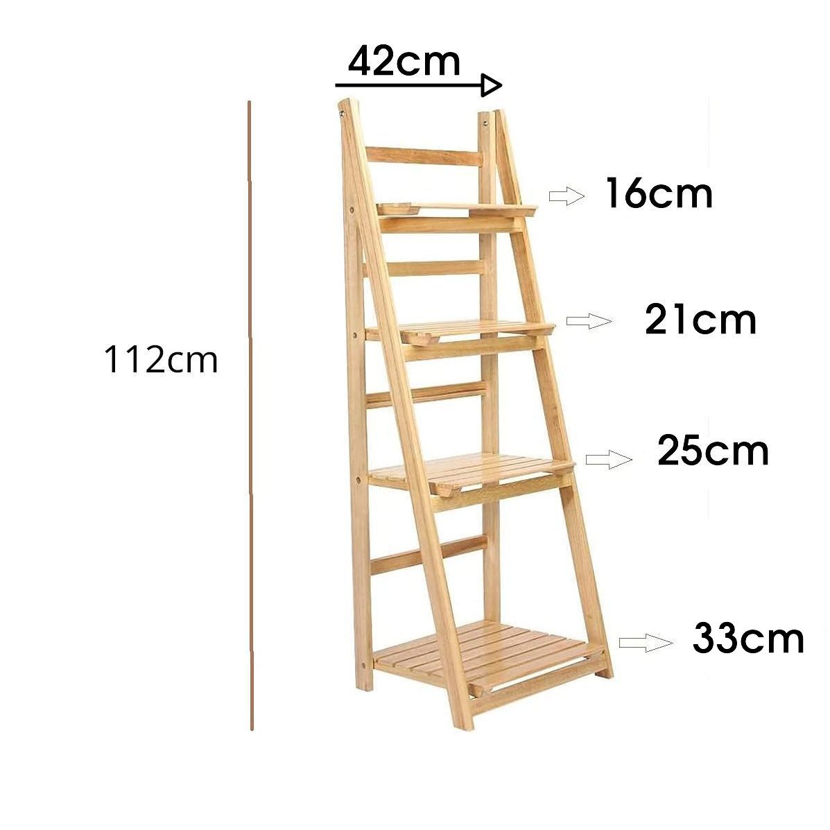 Wooden ladder shelf with measurements on a white background