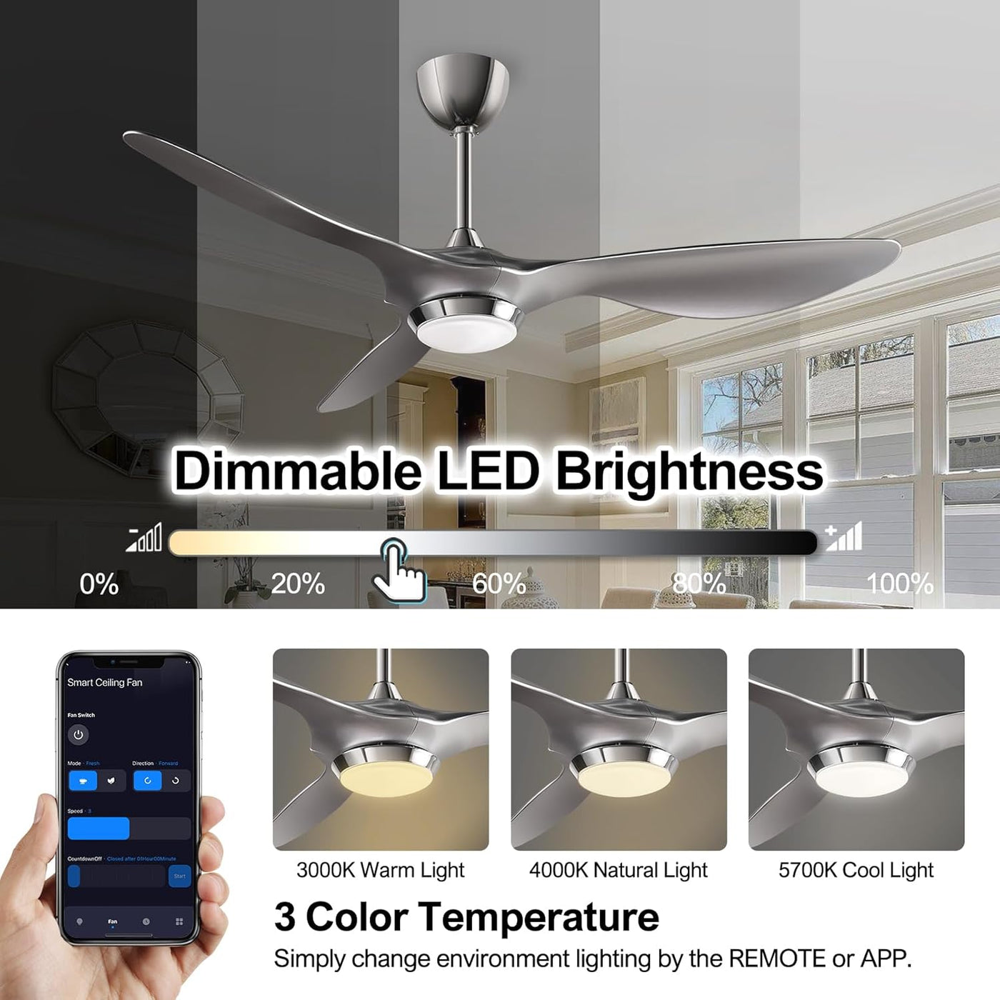 Reiga 132CM Silver Smart Ceiling Fan with LED Light App & Voice Control DC Motor