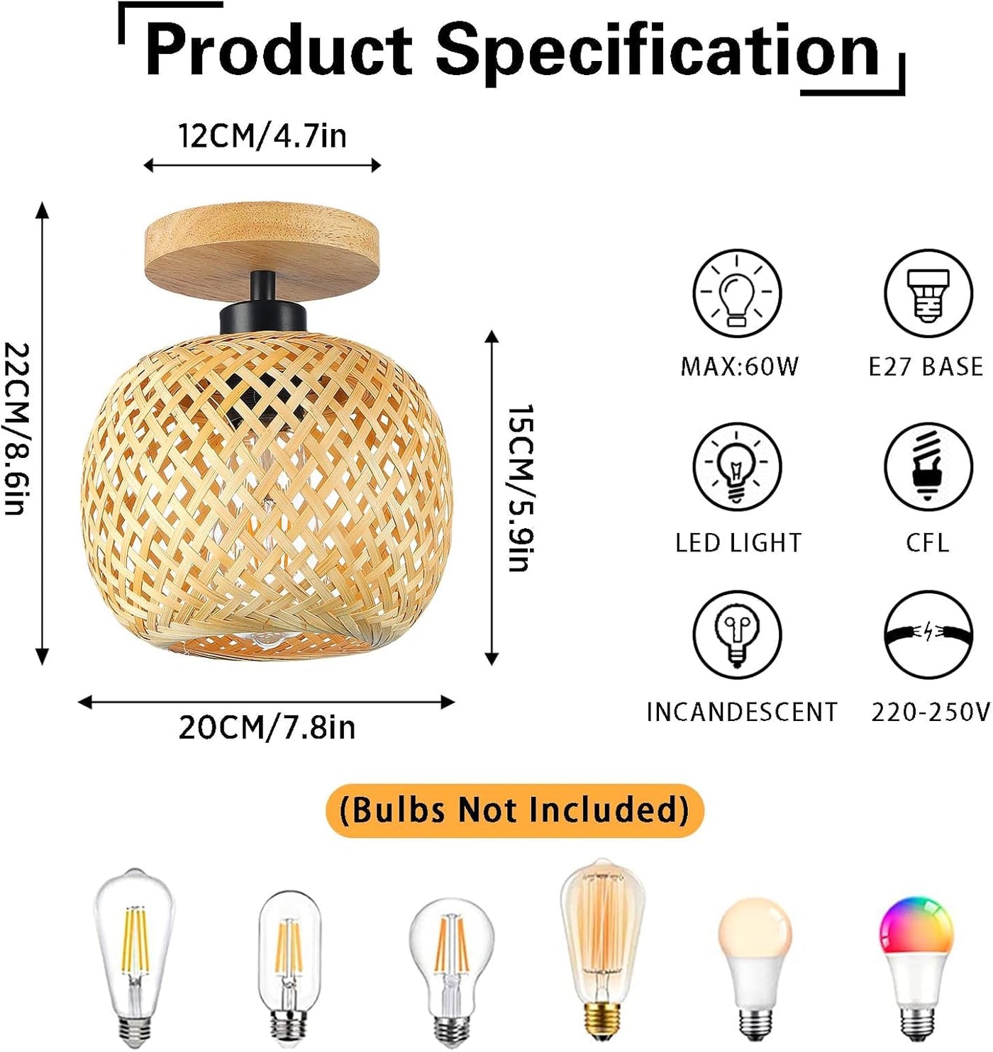 Schindora Bamboo Ceiling Light, Mini Boho Flush Mount Rattan Fixture