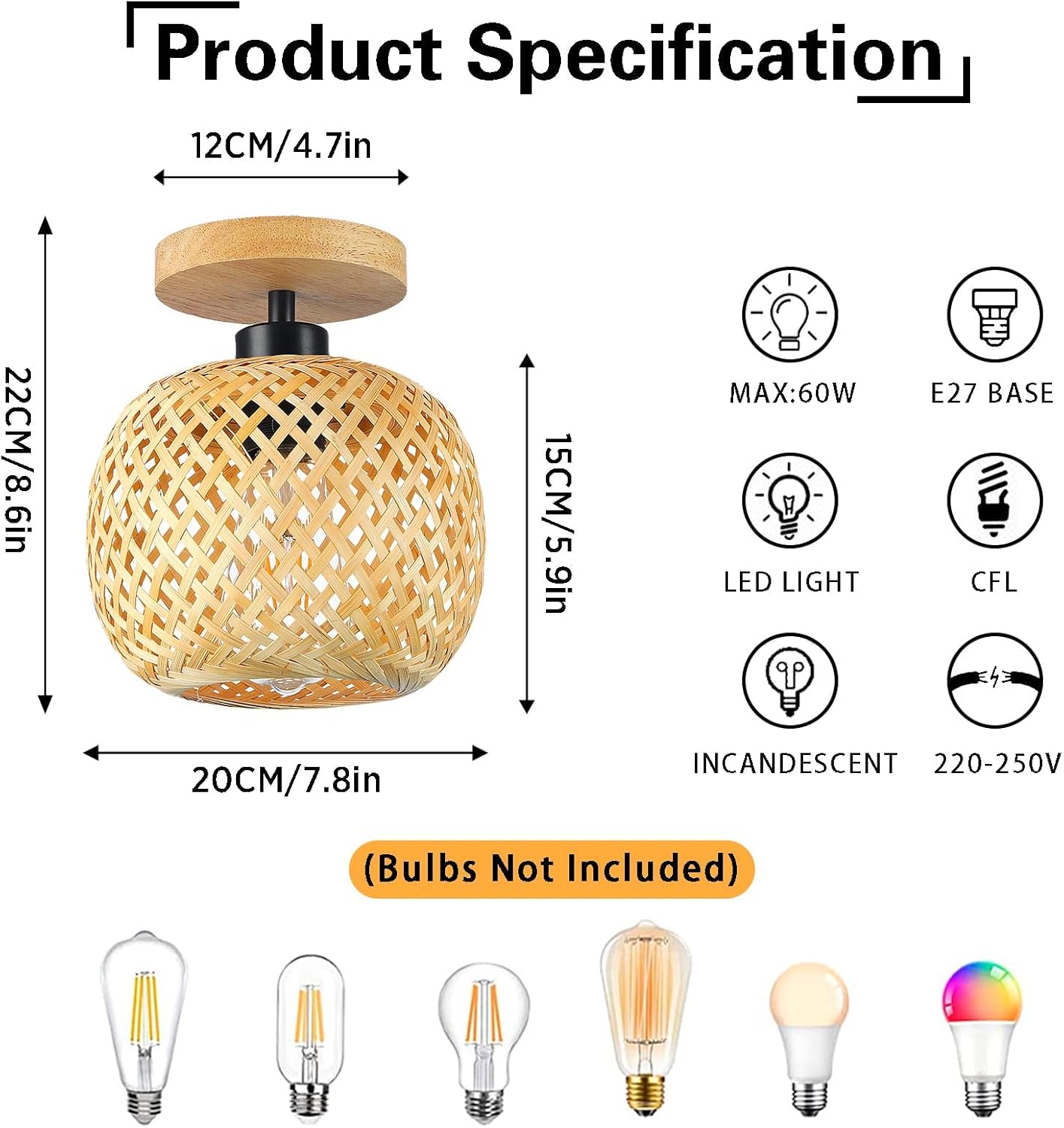 Schindora Bamboo Ceiling Light, Mini Boho Flush Mount Rattan Fixture