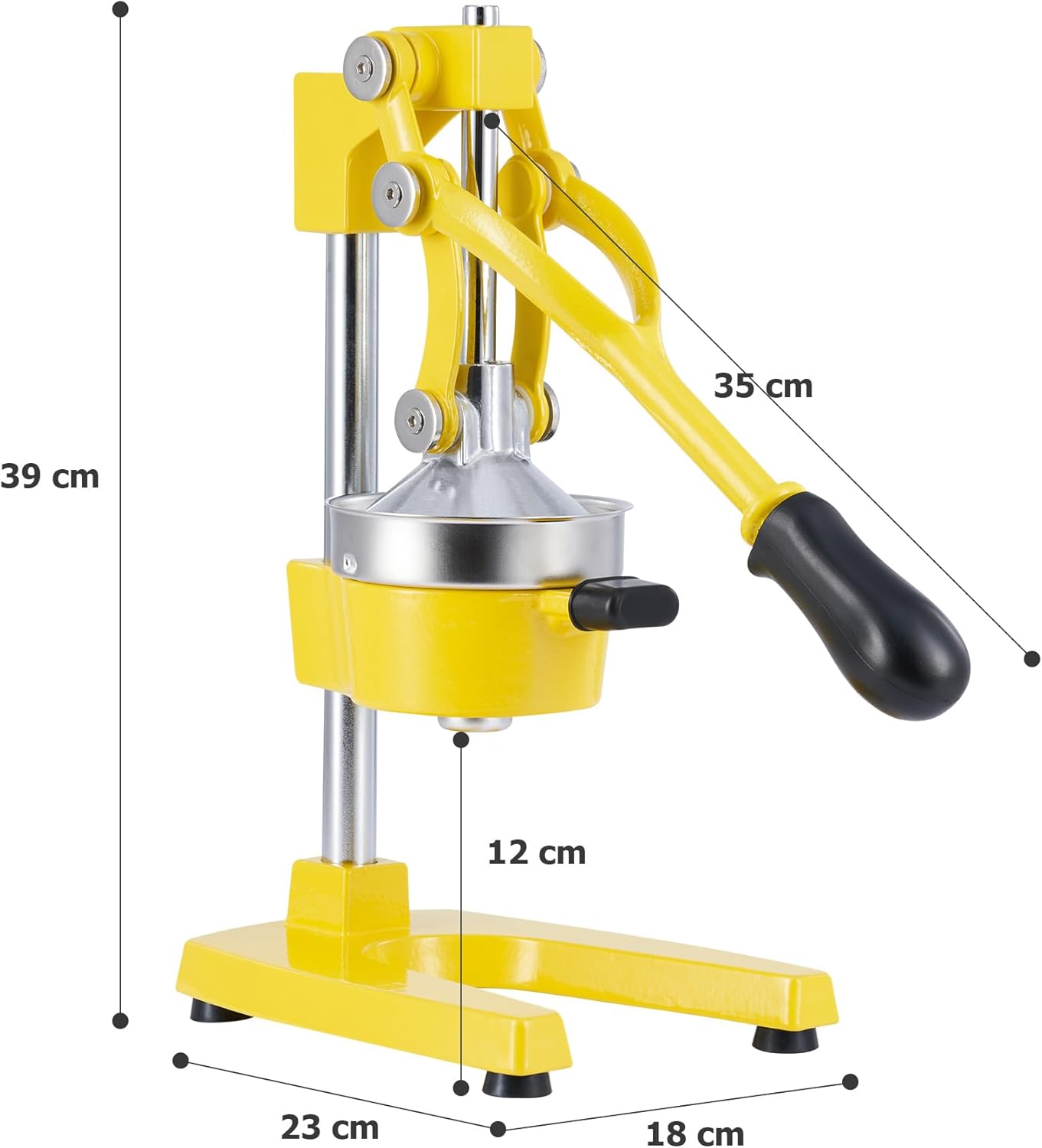 Yellow manual press juicer with dimensions labeled on a white background