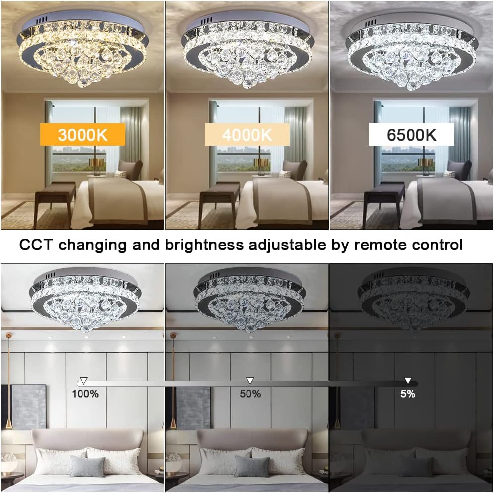 36W Dimmable Crystal LED Ceiling Light 40cm with Remote, 3000K-6000K