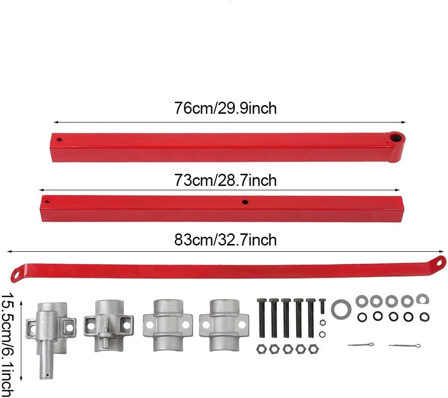 Red metal components with measurements and additional hardware on a white background
