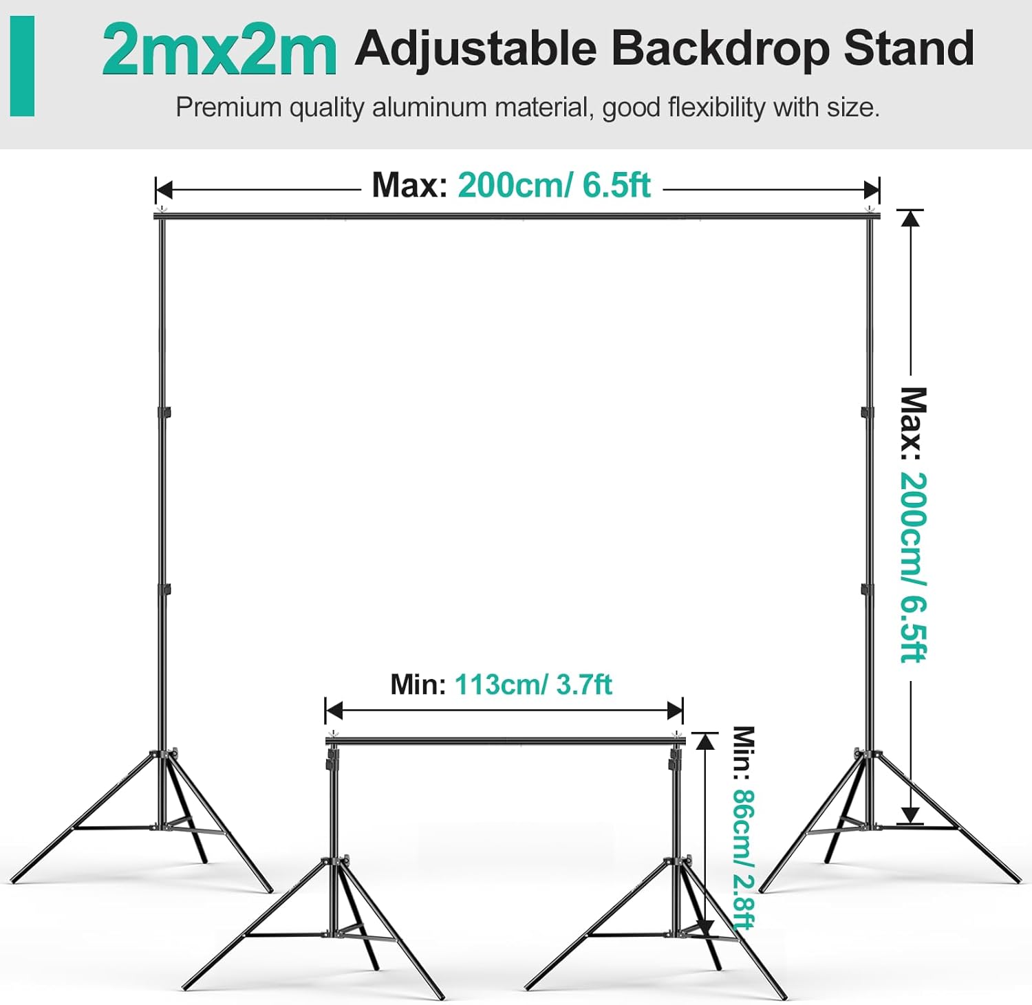 Adjustable backdrop stand with dimensions on a white background
