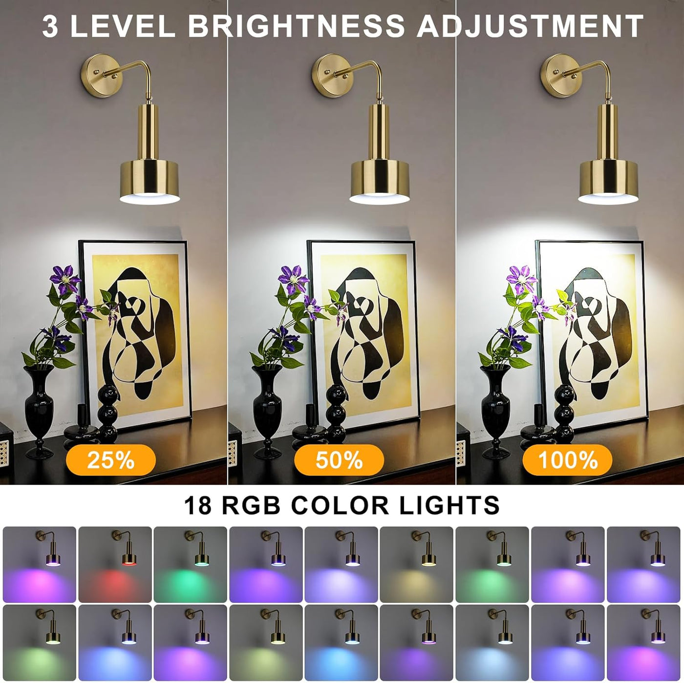 Three levels of brightness adjustment for a wall-mounted light fixture with RGB color options.