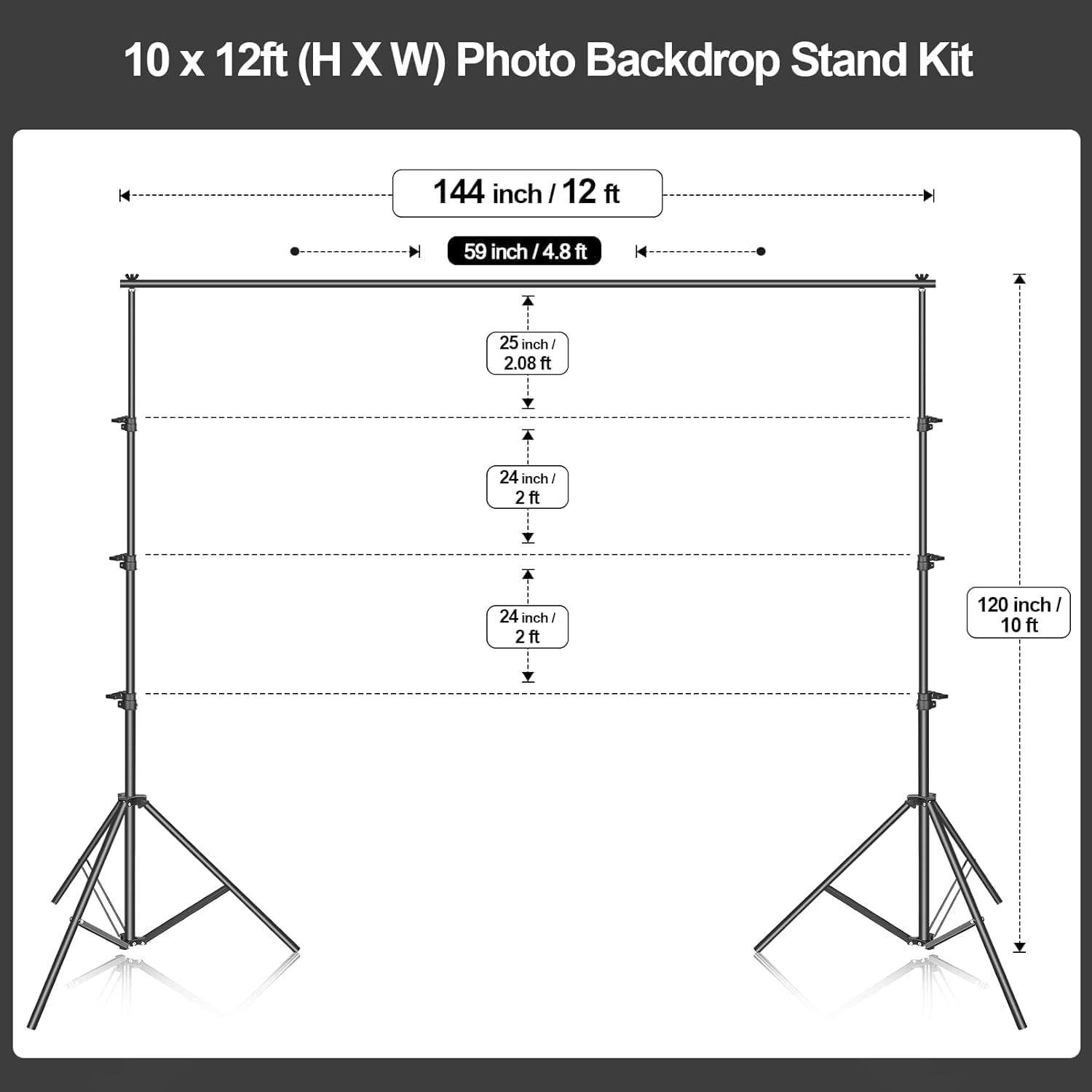 Measurement chart of a 10 x 12ft photo backdrop stand kit with dimensions labeled.