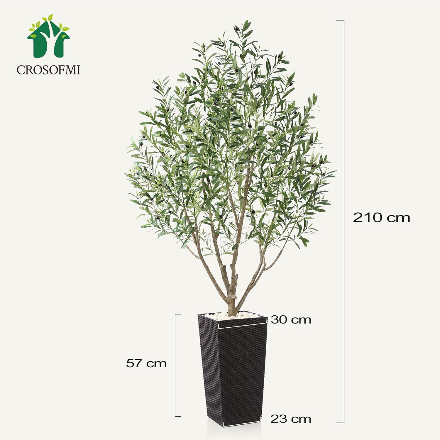 Artificial olive tree in a pot with dimensions labeled, brand 'CROSOFMI' visible