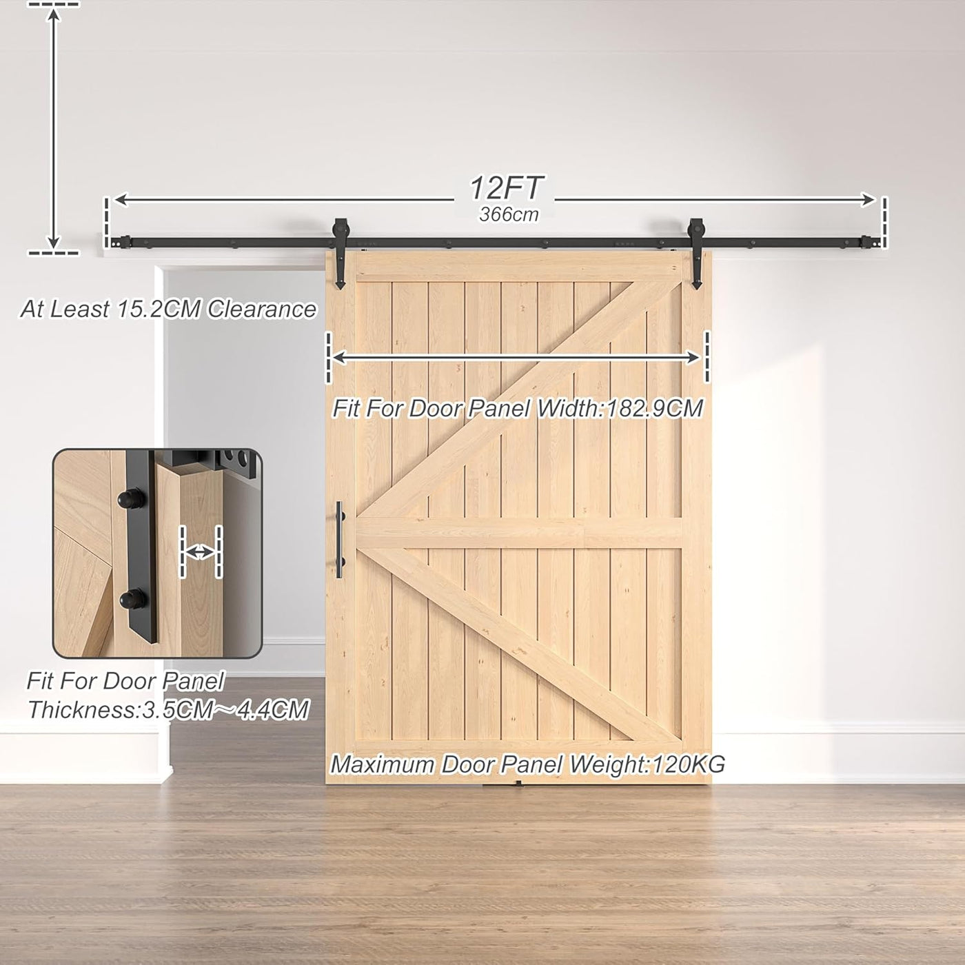 Wooden sliding barn door with measurement details on a white background